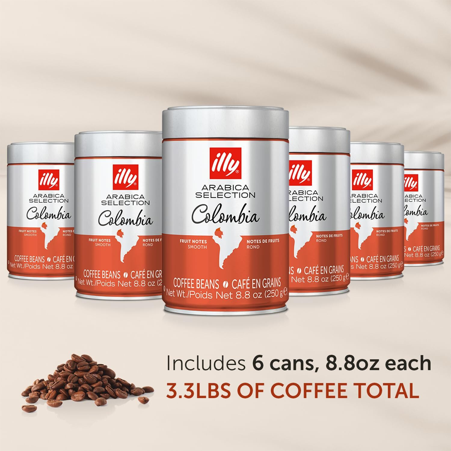 Illy Whole Bean Coffee - Perfectly Roasted Whole Coffee Beans - Colombia Medium Roast - Smooth Taste, Notes Of Fruit - Fruit Notes - 100% Arabica Coffee - No Preservatives - 8.8 Ounce, 6 Pack