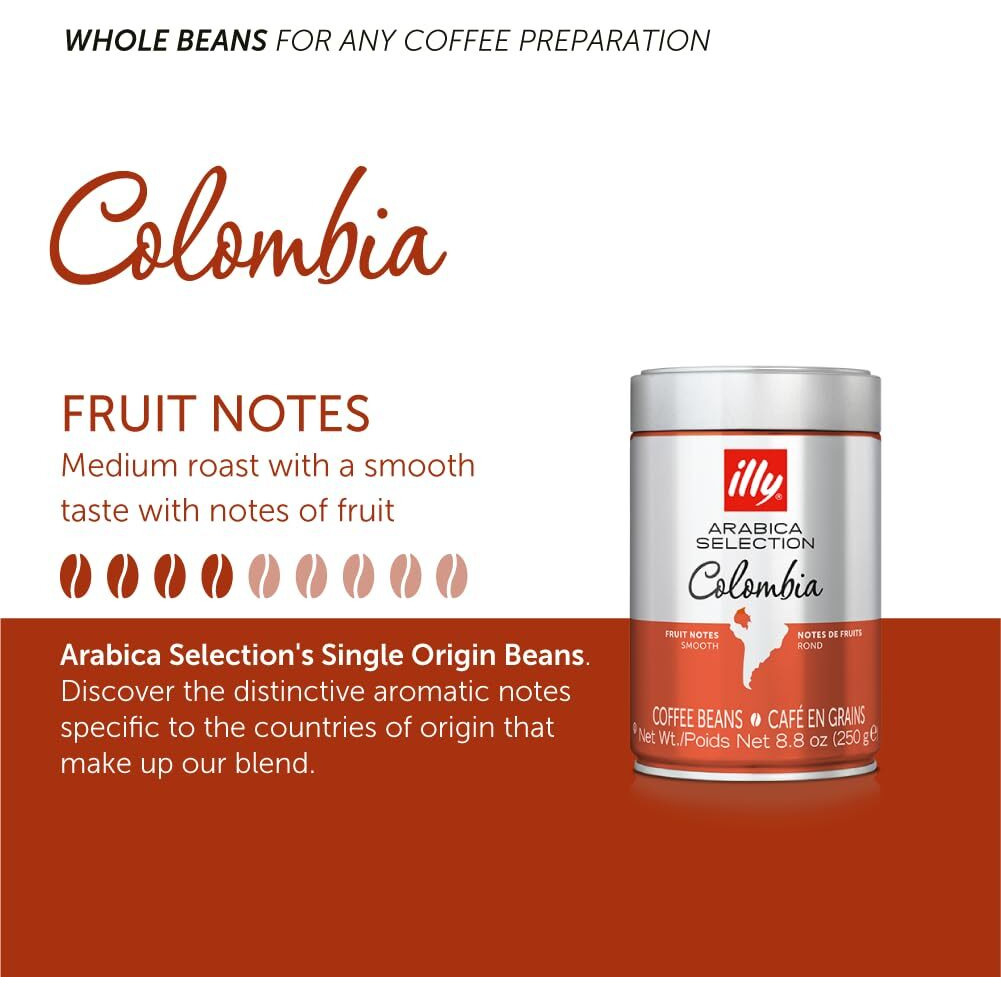 Illy Whole Bean Coffee - Perfectly Roasted Whole Coffee Beans - Colombia Medium Roast - Smooth Taste, Notes Of Fruit - Fruit Notes - 100% Arabica Coffee - No Preservatives - 8.8 Ounce, 6 Pack