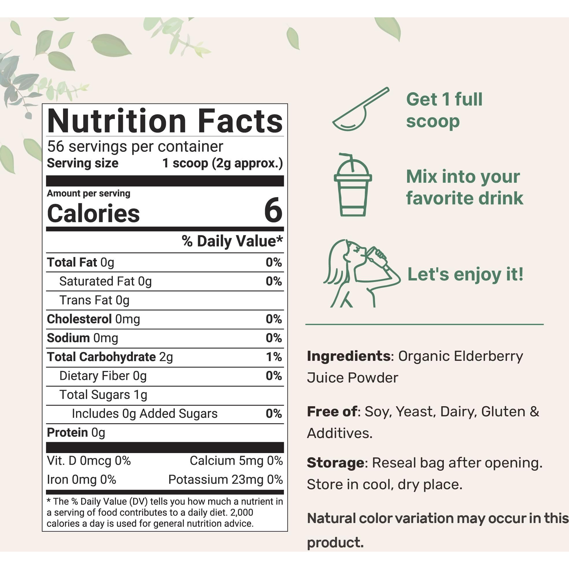 Organic Elderberry Juice Powder, 4Oz | 100% Natural Fruit Powder | Cold Pressed European Elderberries | No Sugar & Additives | Great Flavor For Drinks, Smoothie, & Beverages | Non-Gmo & Vegan