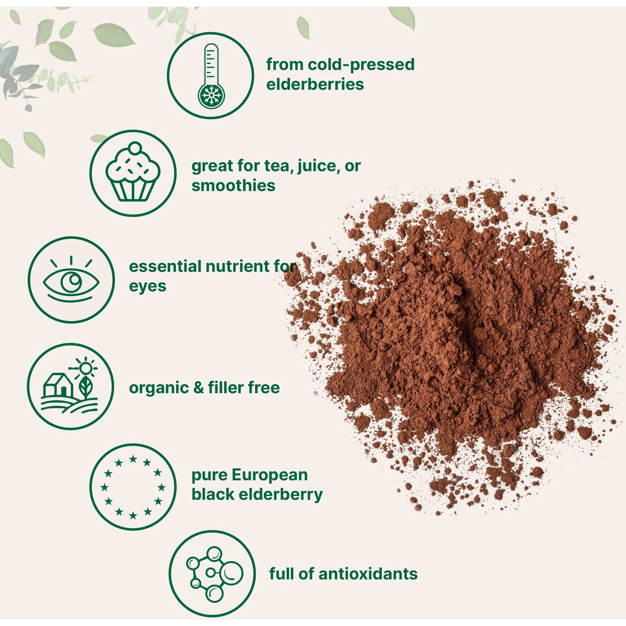 Organic Elderberry Juice Powder, 4Oz | 100% Natural Fruit Powder | Cold Pressed European Elderberries | No Sugar & Additives | Great Flavor For Drinks, Smoothie, & Beverages | Non-Gmo & Vegan
