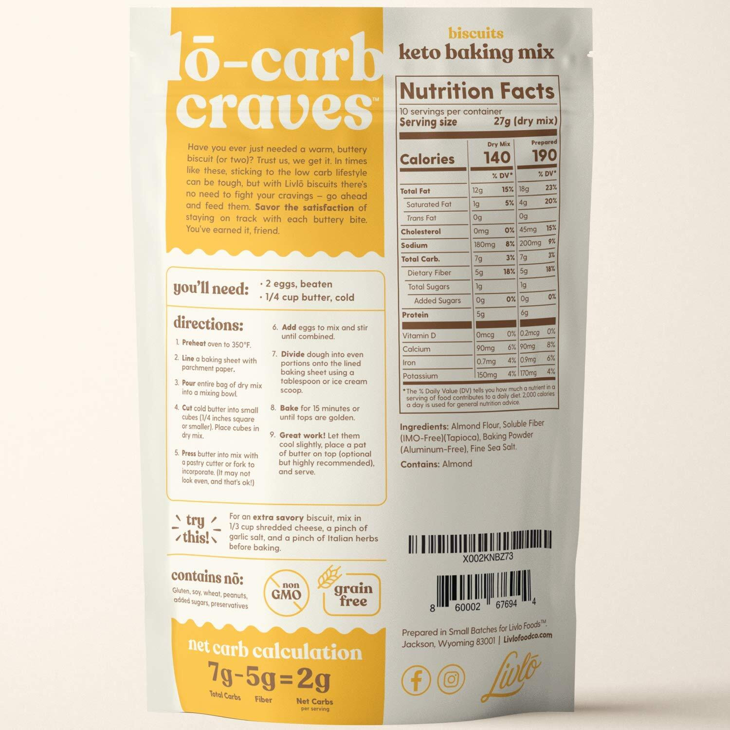 Livlo Keto Biscuit & Bread Mix - Low Carb & Gluten Free Baking Mix - 2G Net Carbs - Fast, Easy And Delicious Keto Friendly Food - 10 Servings - Classic Butter Biscuits