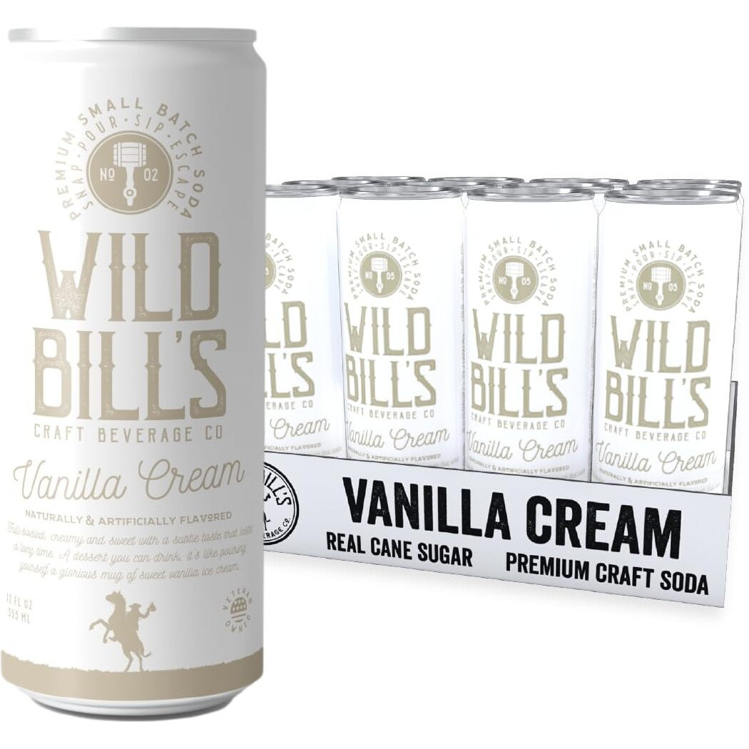 Wild Bill's Vanilla Cream Soda, Classic Craft Soda Pop Soft Drinks, Sodas Made With Pure Cane Sugar, Caffeine Free, No High Fructose Corn Syrup, Gluten Free, Vegan, Low Sodium, 12 Oz 12 Pack