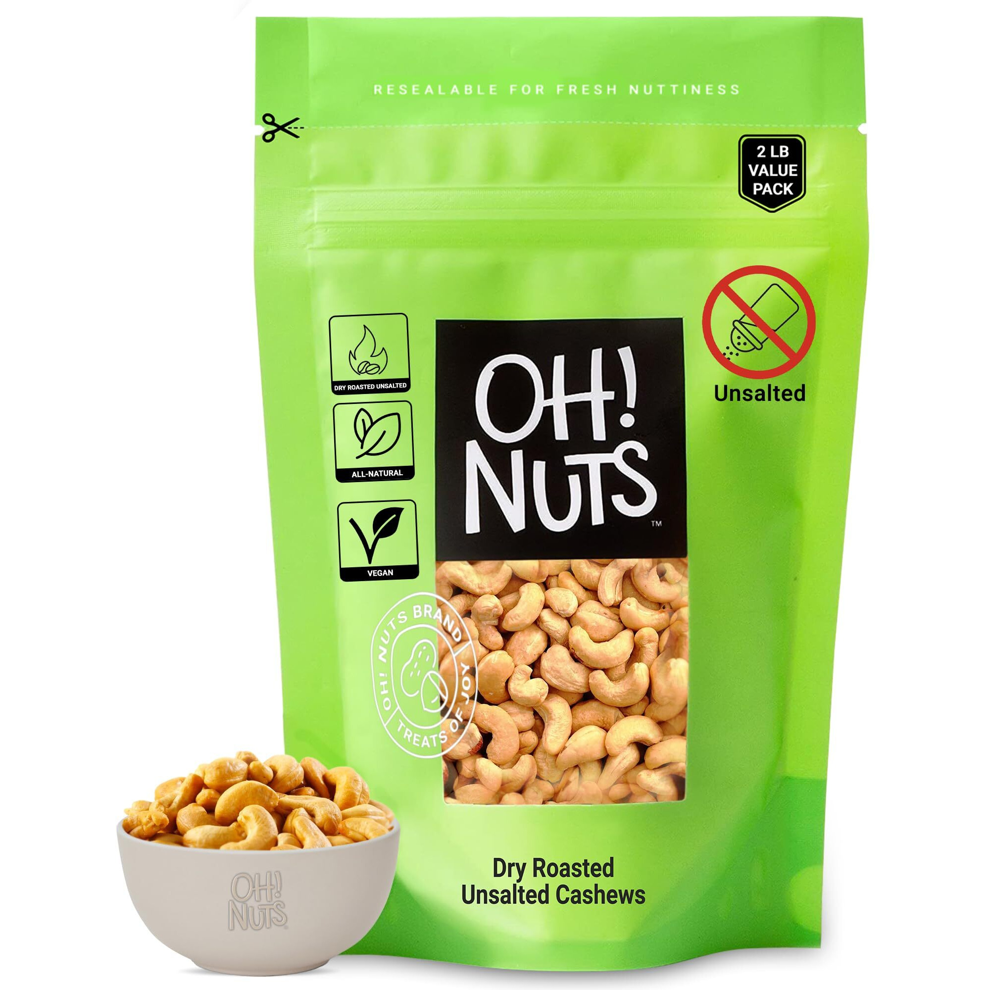 Cashews Roasted Unsalted | 2 Lb | Dry Roasted Unsalted Cashews | Packed In New York Zip-Seal Bag For Exceptional Freshness By Oh Nuts