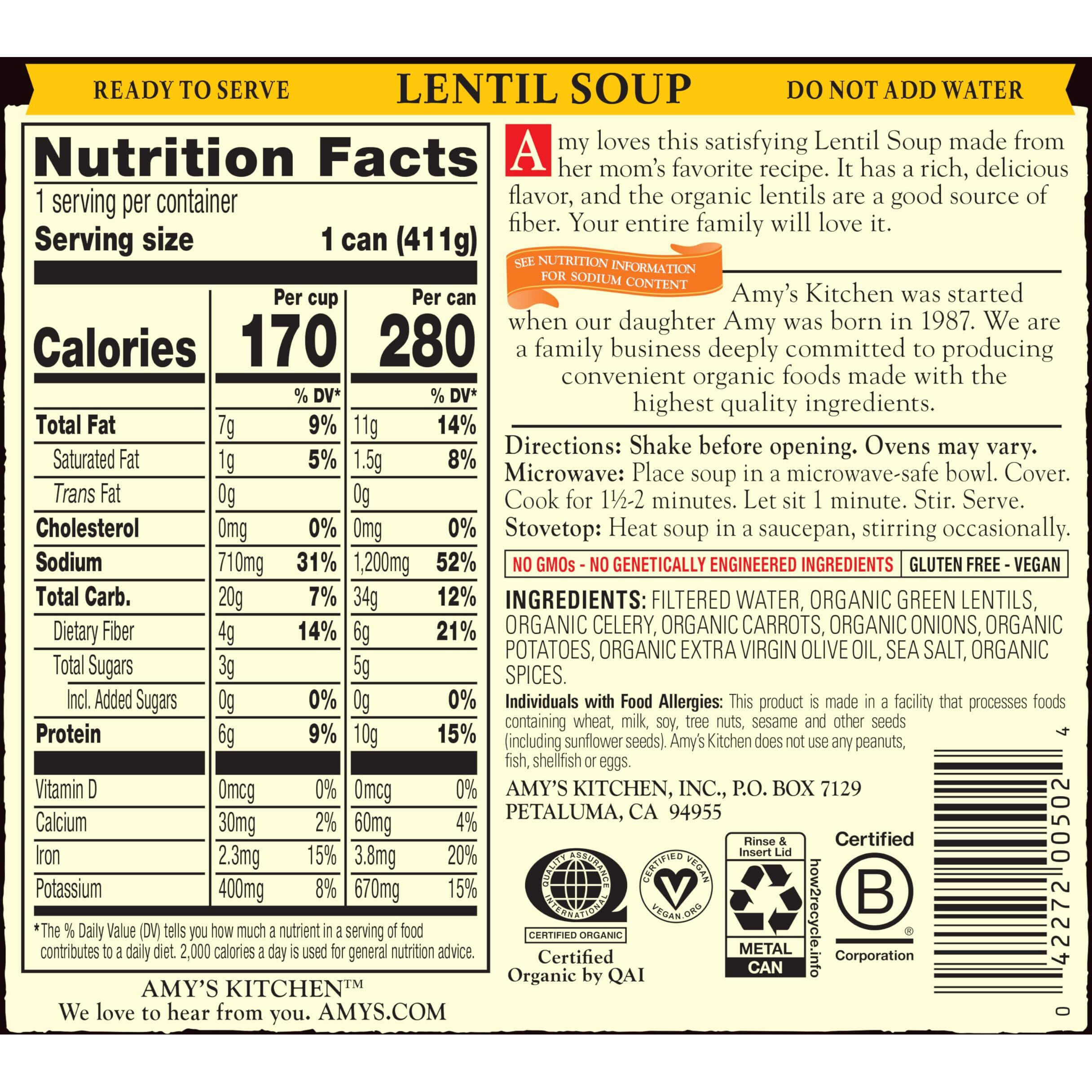 Amys Soup, Vegan Lentil Soup, Gluten Free, Made With Organic Green Lentils And Vegetables, Canned Soup, 14.5 Oz (6 Pack)