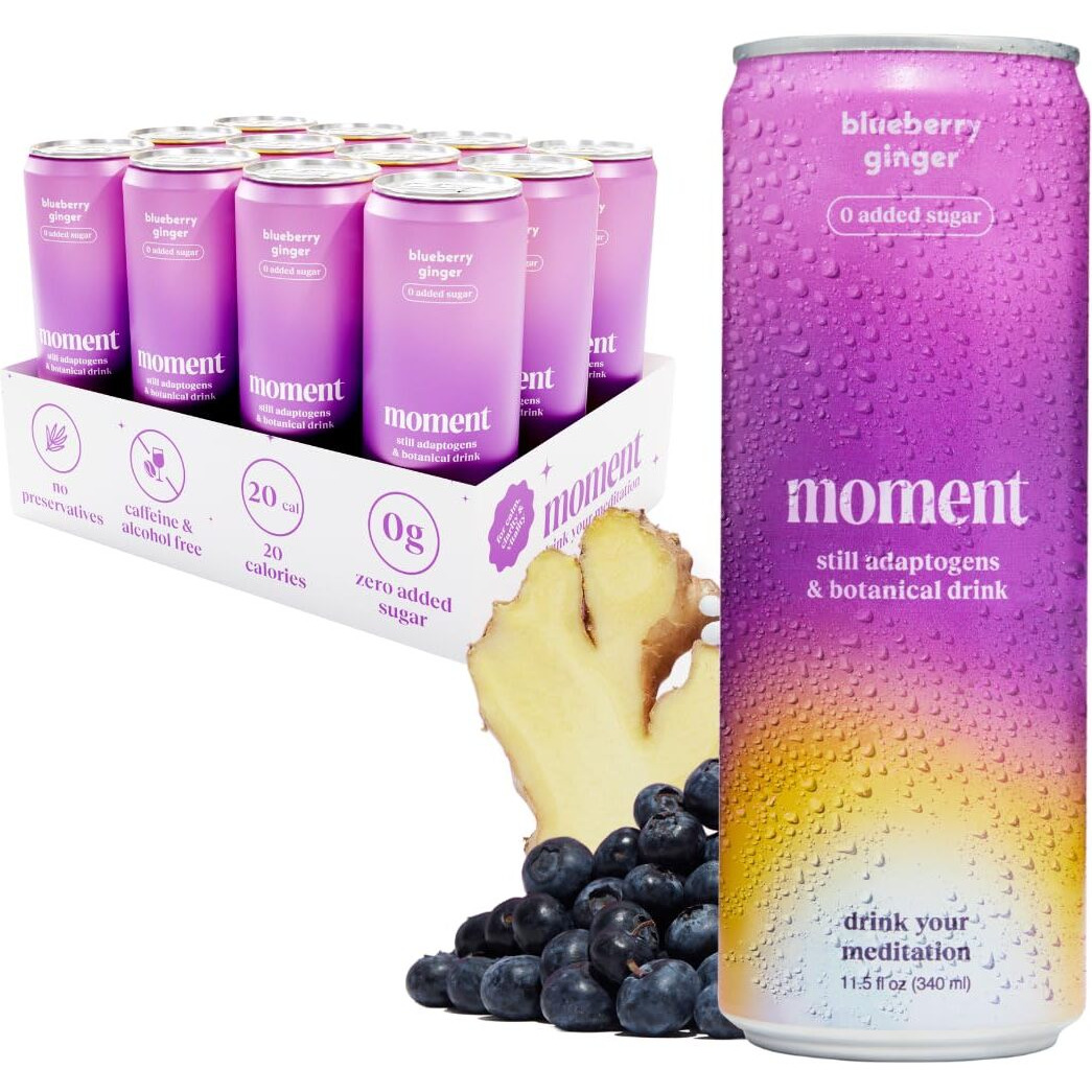 Moment Adaptogen Drink (Shark Tank) - Non-Carbonated Blueberry Ginger | L-Theanine & Ashwagandha For Calm & Clarity | 0 Added Sugar, 0 Caffeine, 0 Alcohol | 12-Pack