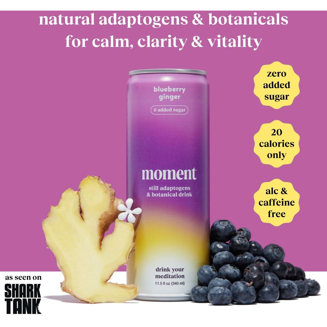 Moment Adaptogen Drink (Shark Tank) - Non-Carbonated Blueberry Ginger | L-Theanine & Ashwagandha For Calm & Clarity | 0 Added Sugar, 0 Caffeine, 0 Alcohol | 12-Pack