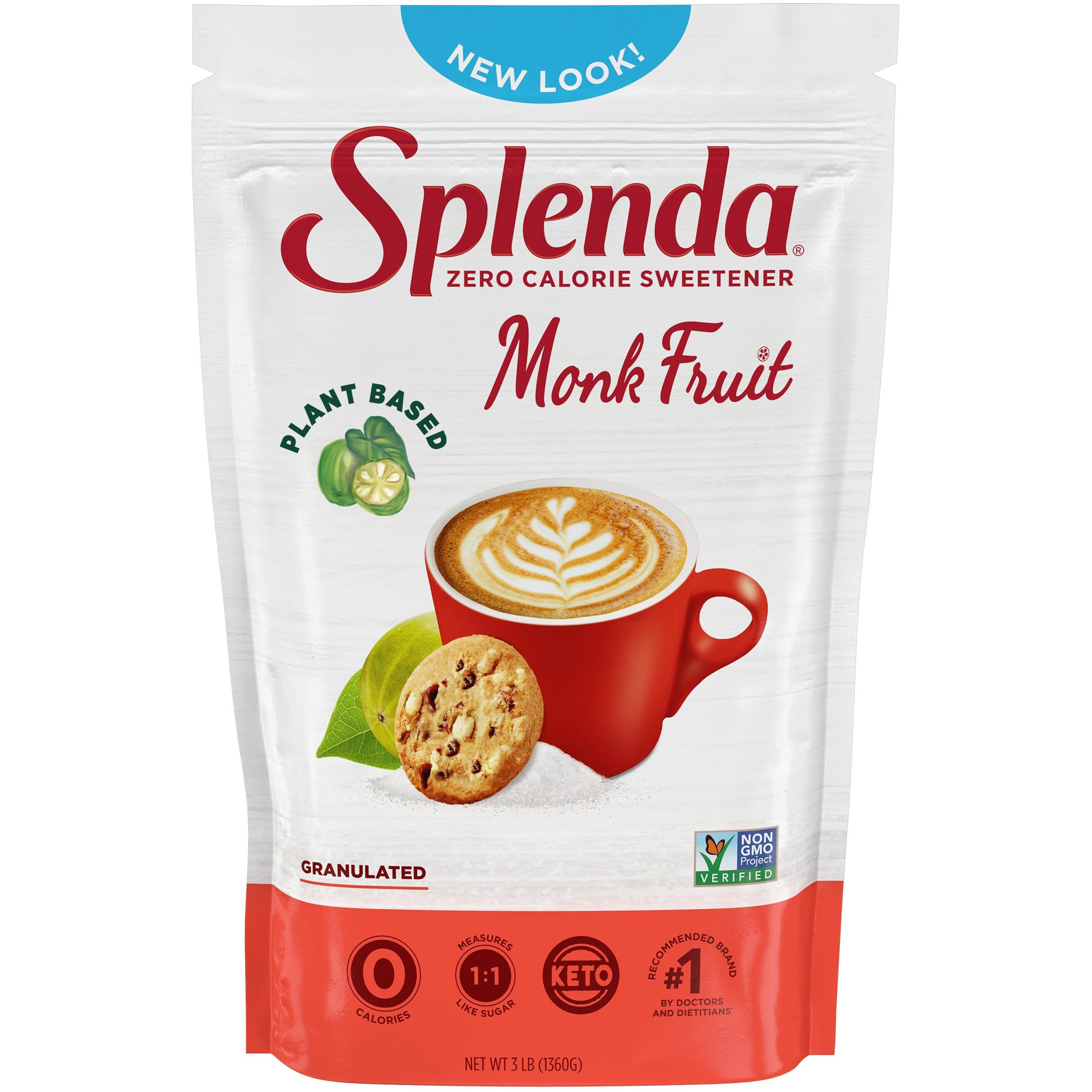 Splenda Monk Fruit Zero Calorie Plant Based Granulated Sweetener, 3 Pound Resealable Bag