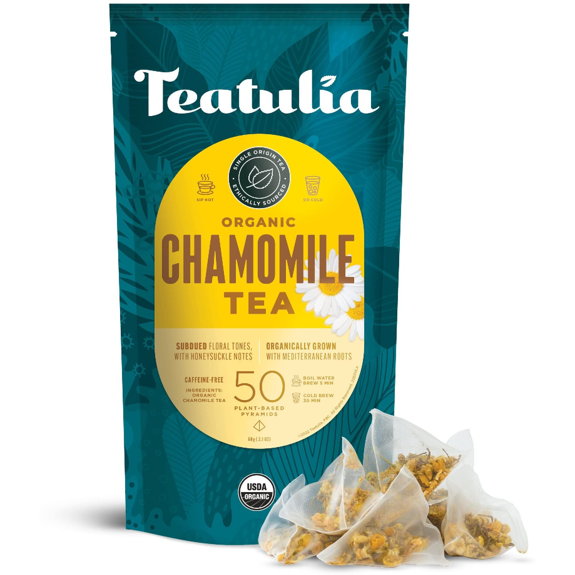 Teatulia Organic Chamomile Tea Bags (50 Pyramid Teabags) Raw Whole Leaf Flower | 100% Compostable And Sustainably Grown In Egypt | Caffeine Free Herbal Camille Tea - Calming Sleepytime Chamomile