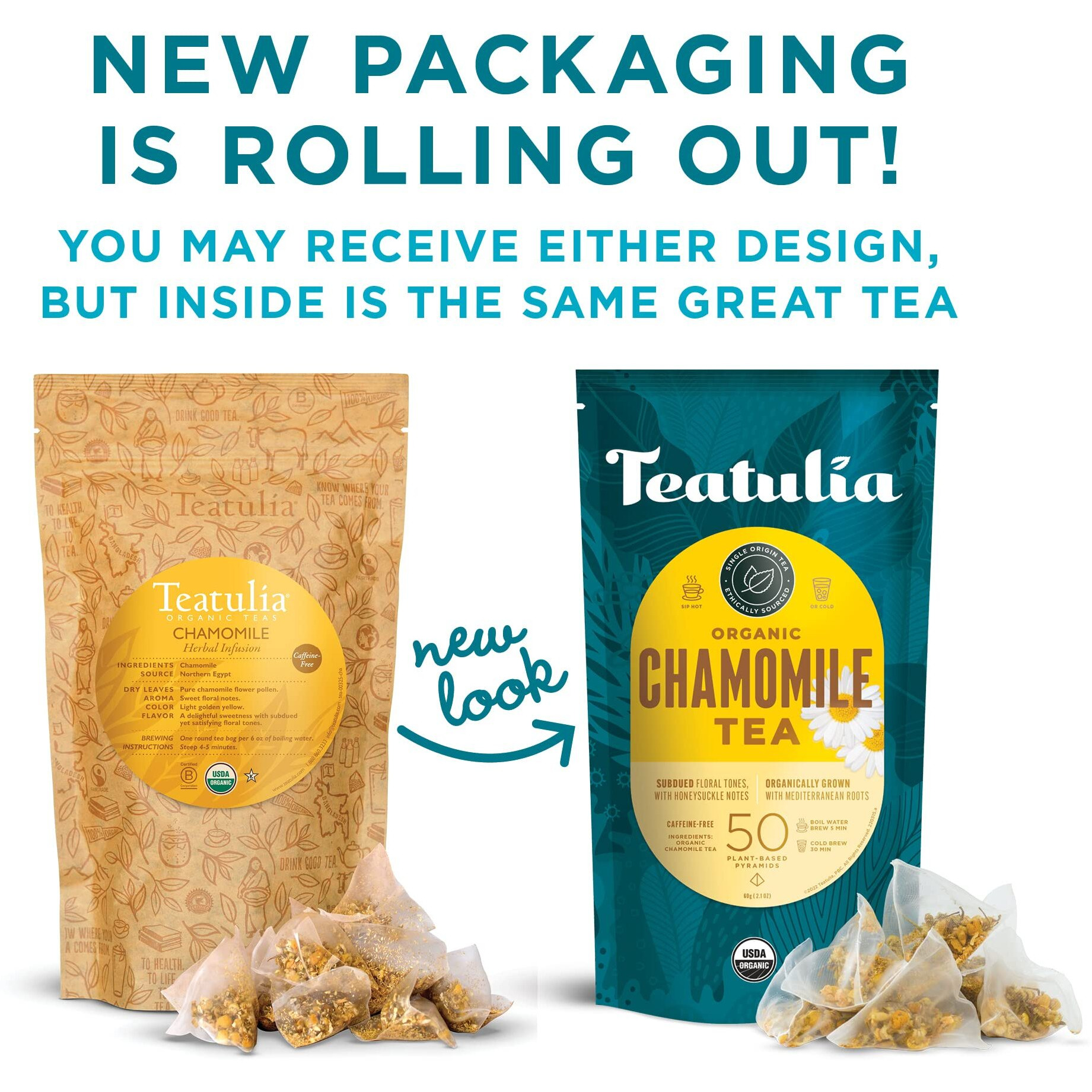 Teatulia Organic Chamomile Tea Bags (50 Pyramid Teabags) Raw Whole Leaf Flower | 100% Compostable And Sustainably Grown In Egypt | Caffeine Free Herbal Camille Tea - Calming Sleepytime Chamomile