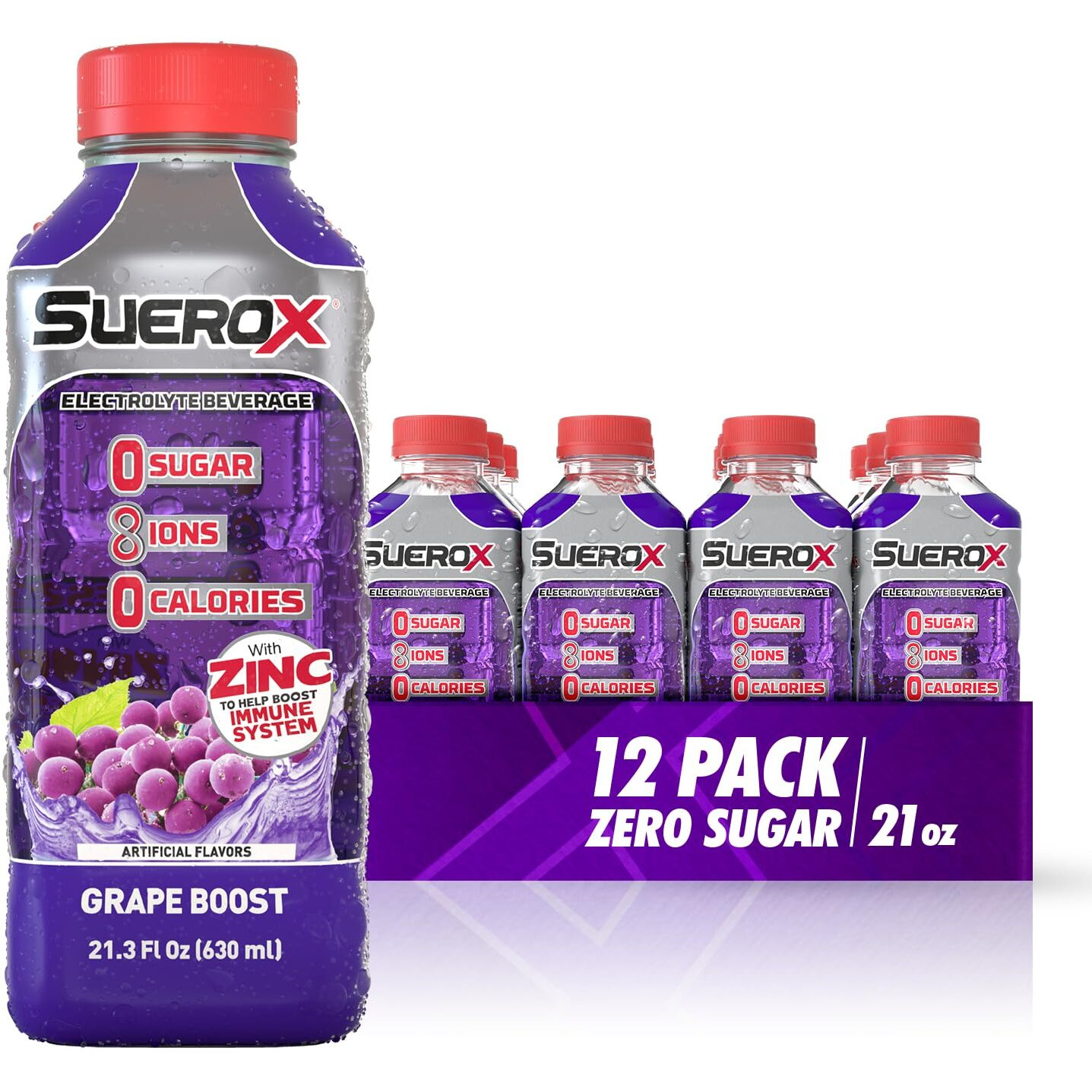 Suerox Zero Sugar Electrolyte Drink For Hydration And Recovery, Unique Blend Of Electrolytes & 8 Ions, Zero Calorie Sports Drink, 21.3 Fl Oz, Grape Boost, 12 Count