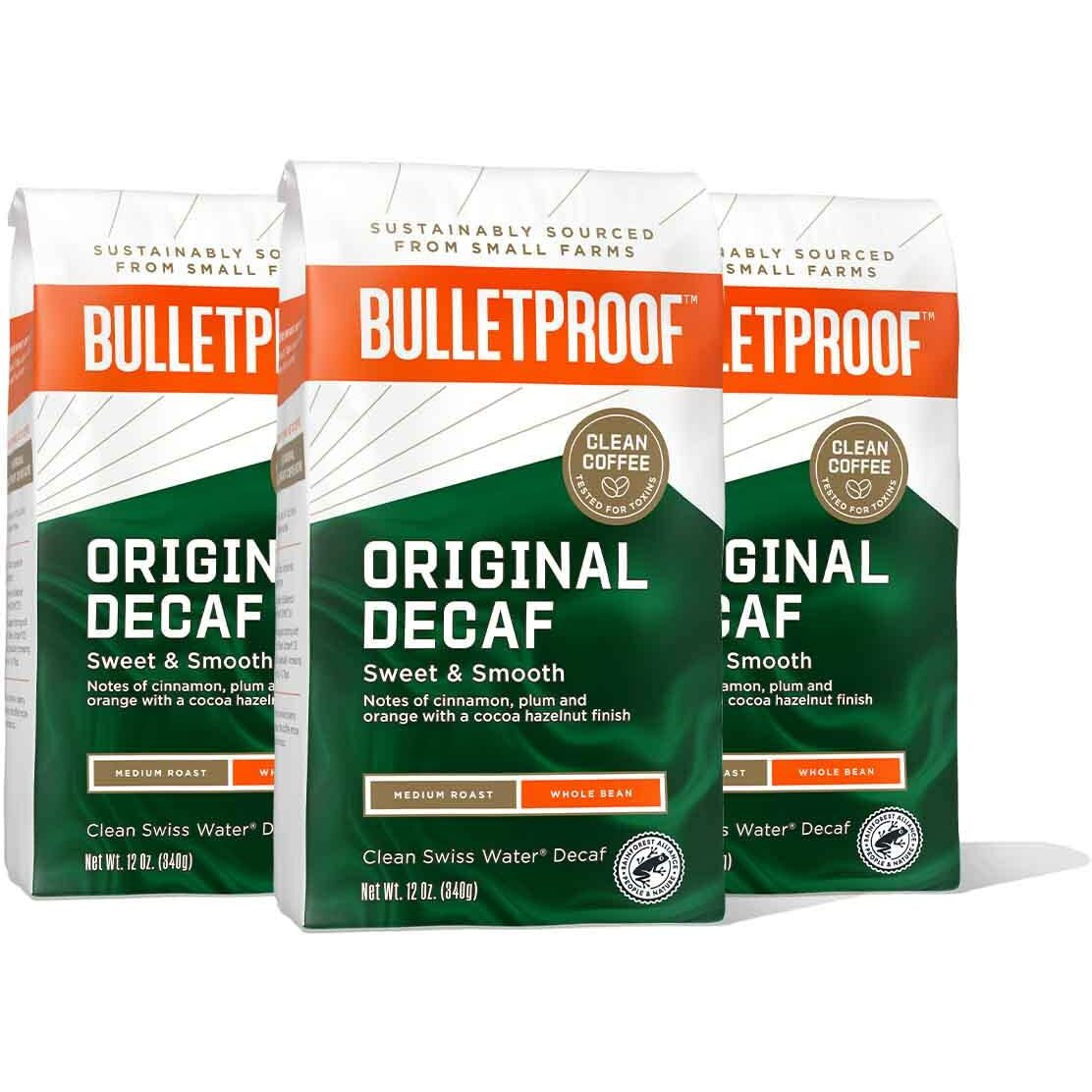 Bulletproof Original Medium Roast Whole Bean Decaf Coffee, 12 Ounces (Pack Of 3), 100% Arabica Coffee Sourced From Central And South America, Clean Coffee