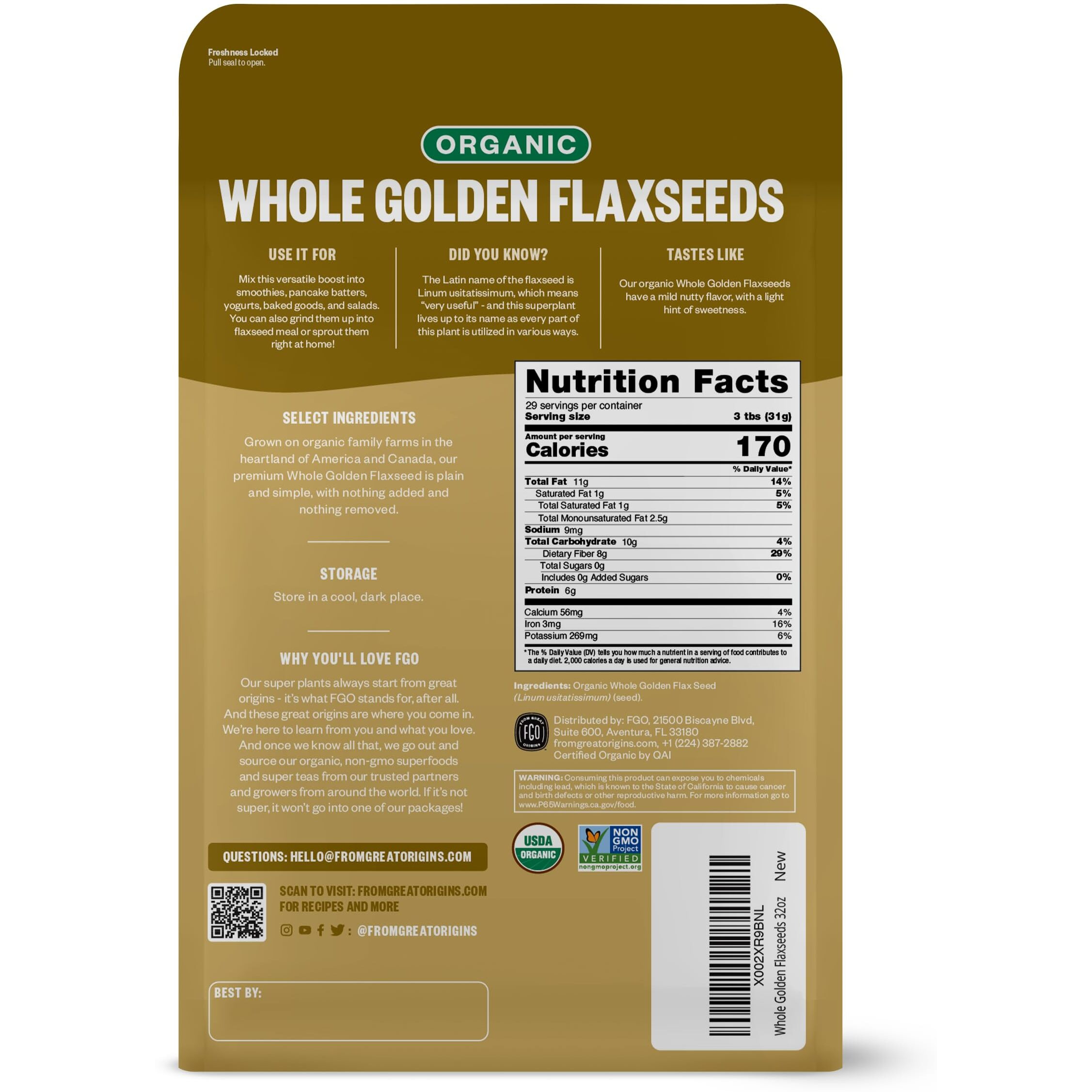 Fgo Organic Whole Golden Flax Seeds, Sproutable, Grown In Usa, 2 Pound (Pack Of 1)