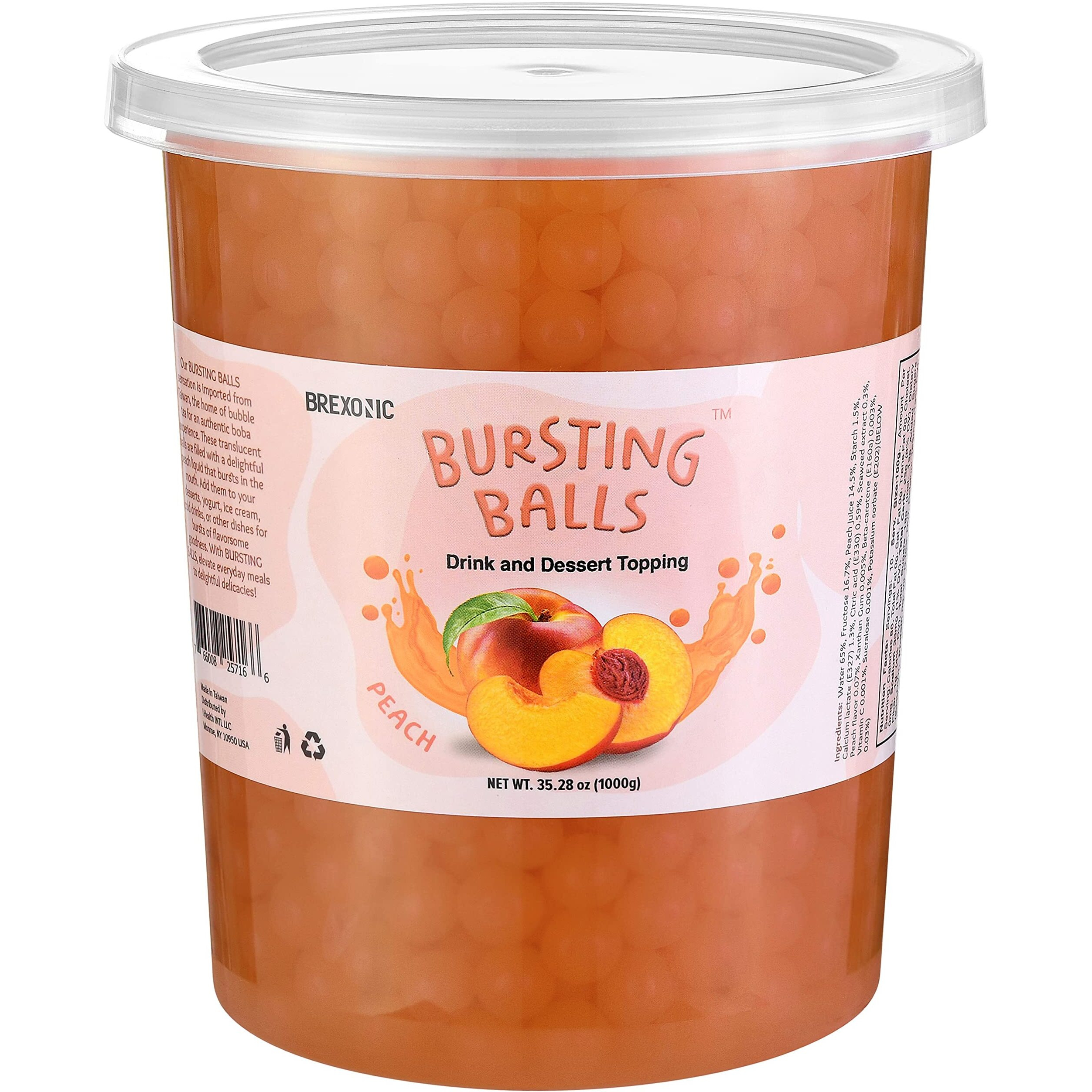 Brexonic Popping Boba Pearls Bursting Tea Balls Drink & Dessert Topping Strawberry Mango Blueberry Passion Fruit Flavored Bubble Tea Tapioca Pearls 2 Lb (Peach, 2 Pound (Pack Of 1))