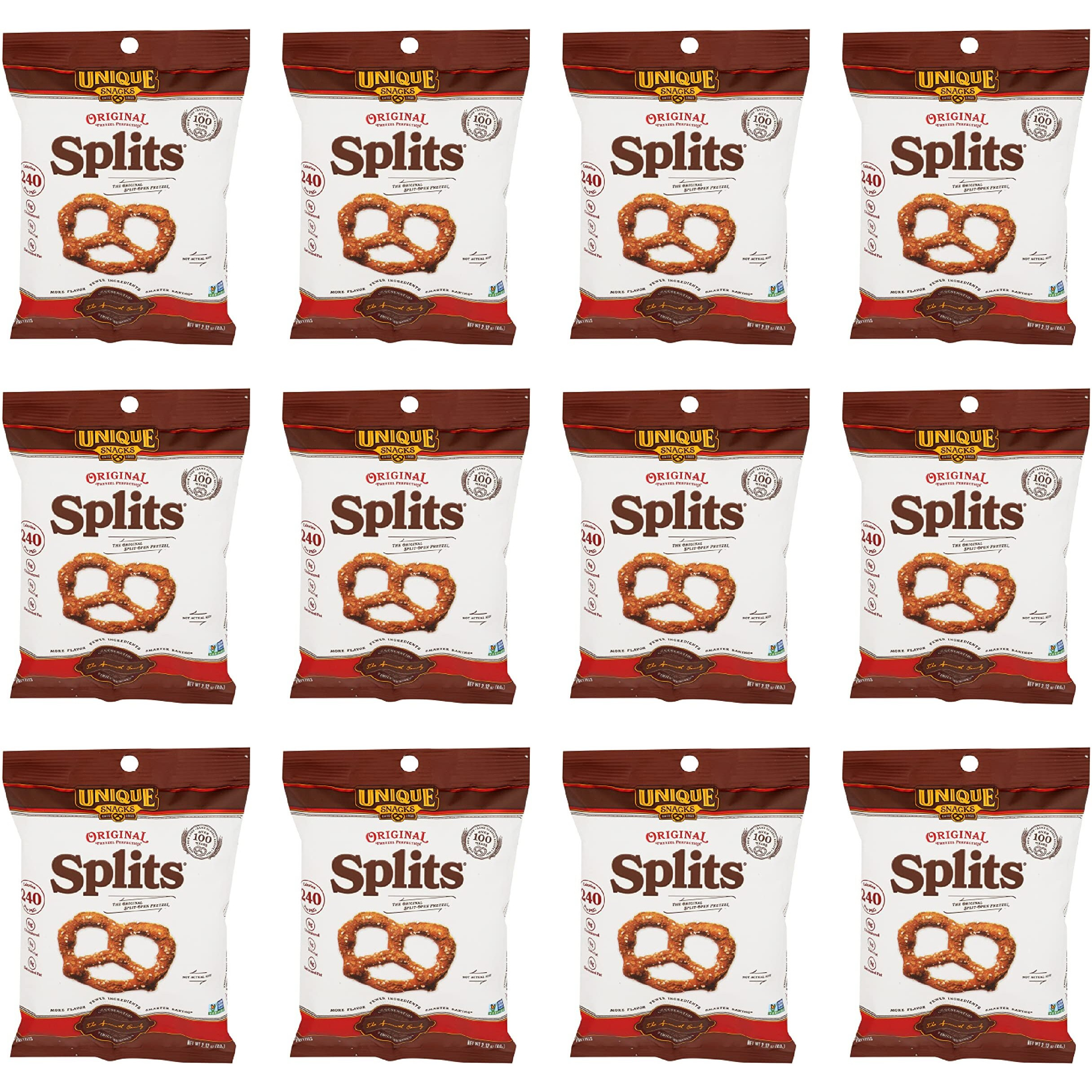Unique Snacks Original Splits Pretzels, Delicious Homestyle-Baked Snack Bag, Ou Kosher, And Non-Gmo Food, No Artificial Flavor, 2.12 Oz. Bag, Pack Of 12