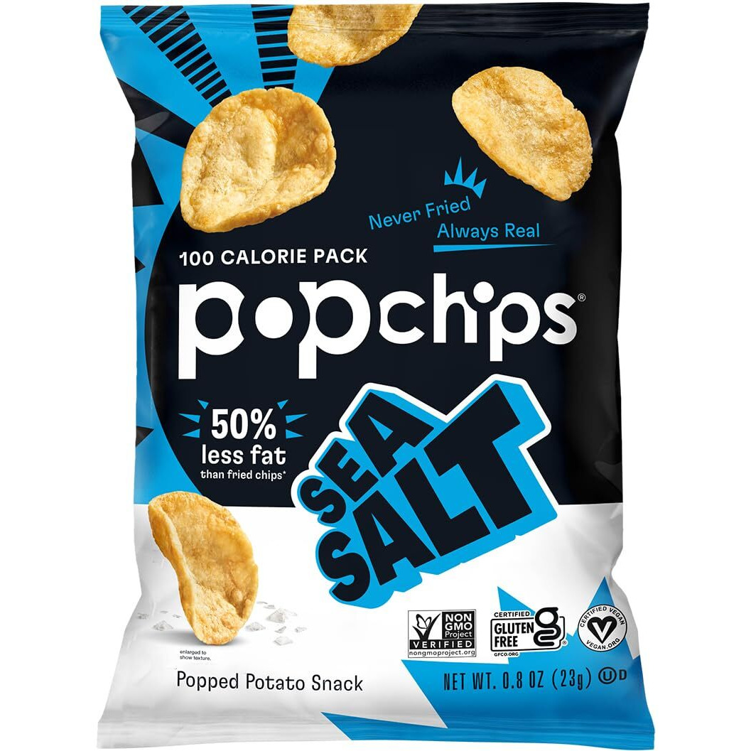 Popchips Potato Chips, Sea Salt, 12Ct Single Serve 0.8Oz Bags, Low-Calorie And Gluten Free, Salty Snacks For Adults And Children, Non-Gmo, Vegan & Kosher Friendly, 100 Calories Per Bag