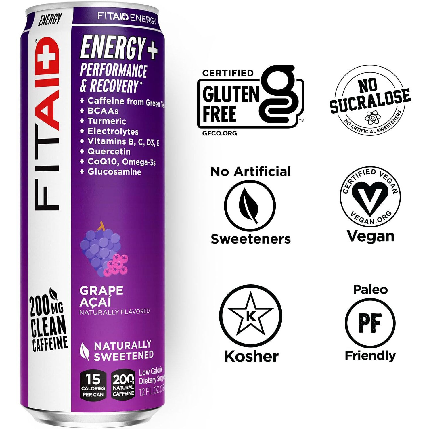 Lifeaid Fitaid Energy Grape Aai, 200Mg Natural Caffeine, Keto, Pre-Workout Performance Bcaas, Quercetin, Electrolytes, Omega-3S, 15 Calories, Paleo, Vegan & Gluten-Free,12-Oz (Pack Of 24)