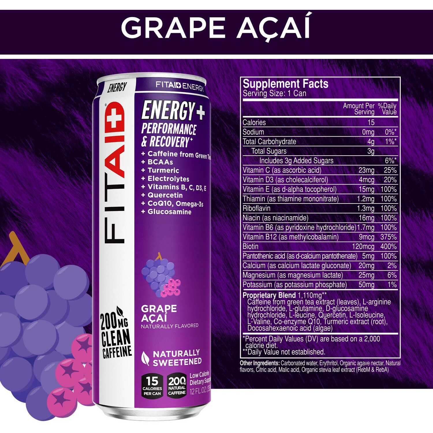 Lifeaid Fitaid Energy Grape Aai, 200Mg Natural Caffeine, Keto, Pre-Workout Performance Bcaas, Quercetin, Electrolytes, Omega-3S, 15 Calories, Paleo, Vegan & Gluten-Free,12-Oz (Pack Of 24)