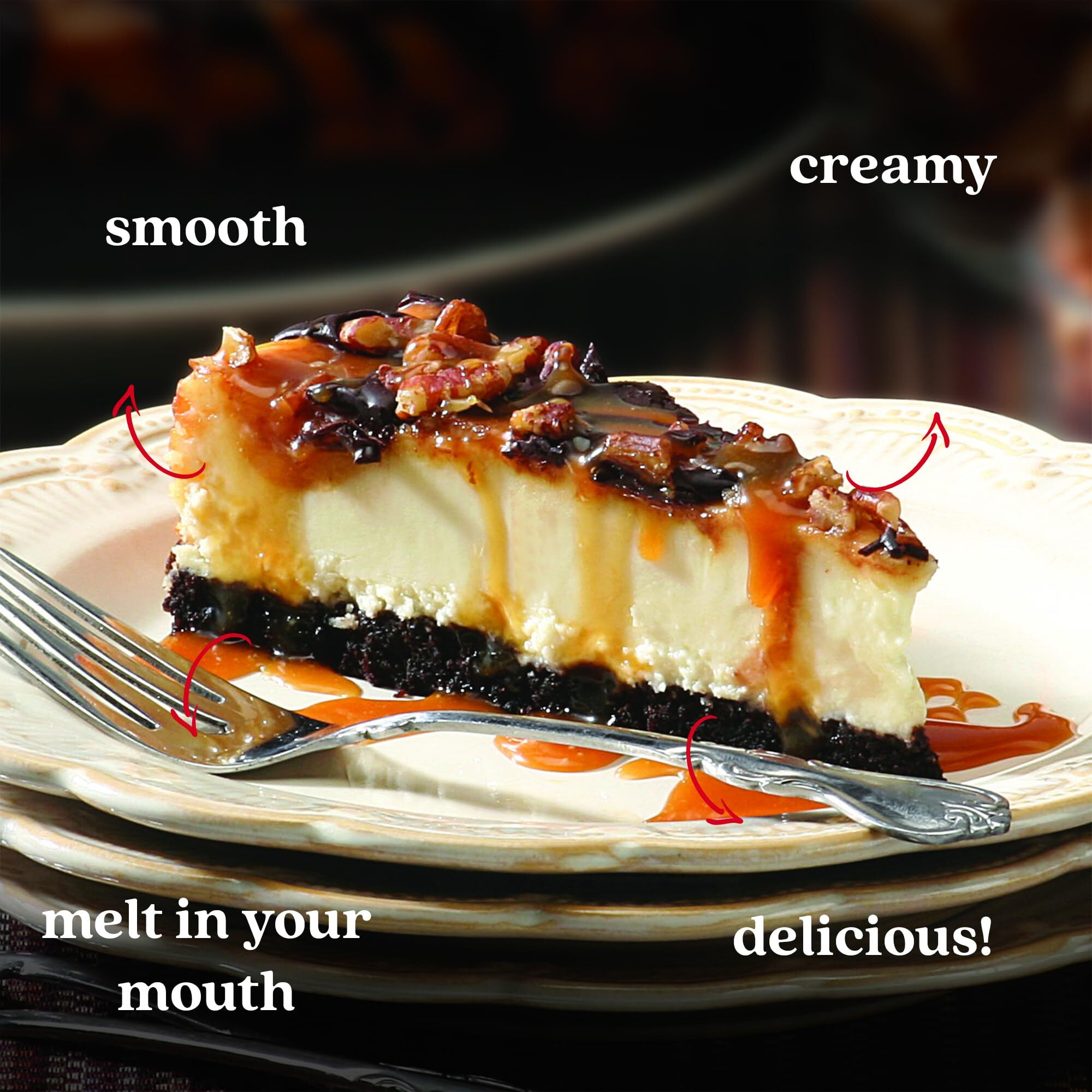 Chocolate Caramel Pecan Cheesecake 10"" - Pre-Sliced 14 Pcs. Creamy Cheesecake Topped With Clumps Of Chewy Pecans Drenched In A Coating Of Caramel, Fresh Bakery Dessert Great Gift Idea For Women, Men