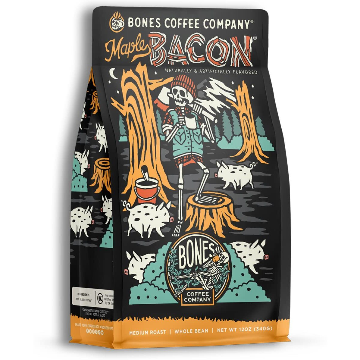 Bones Coffee Company Maple Bacon Ground Coffee Beans, Low Acid Flavored Coffee, Made With Arabica Coffee Beans, Medium Roast Gourmet Coffee (12 Oz)