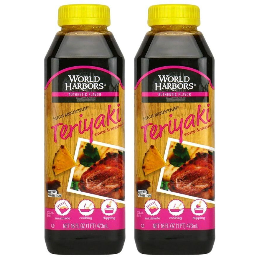 World Harbors Maui Mountain Teriyaki Sauce & Marinade Perfect For Fish, Chicken, Beef, Pork, Wings, Dumplings, Shrimp, Steak, Stir-Fries, Rice & Vegetables Made In Usa 16-Fl Oz Bottle, (Pack Of 2)