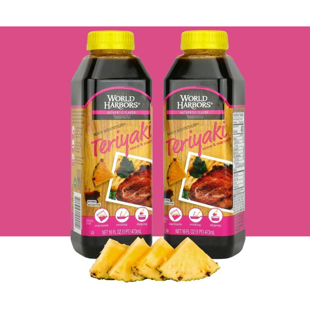 World Harbors Maui Mountain Teriyaki Sauce & Marinade Perfect For Fish, Chicken, Beef, Pork, Wings, Dumplings, Shrimp, Steak, Stir-Fries, Rice & Vegetables Made In Usa 16-Fl Oz Bottle, (Pack Of 2)