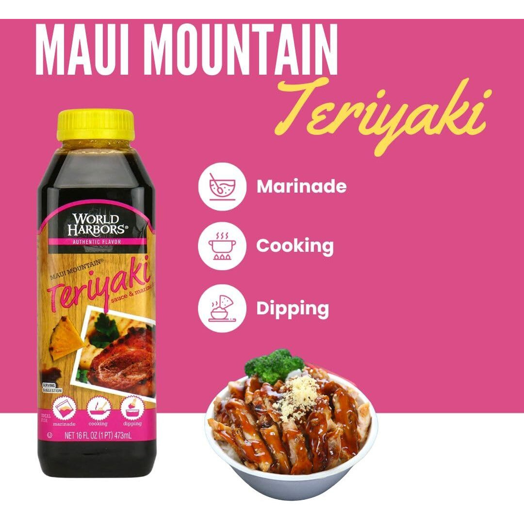 World Harbors Maui Mountain Teriyaki Sauce & Marinade Perfect For Fish, Chicken, Beef, Pork, Wings, Dumplings, Shrimp, Steak, Stir-Fries, Rice & Vegetables Made In Usa 16-Fl Oz Bottle, (Pack Of 2)