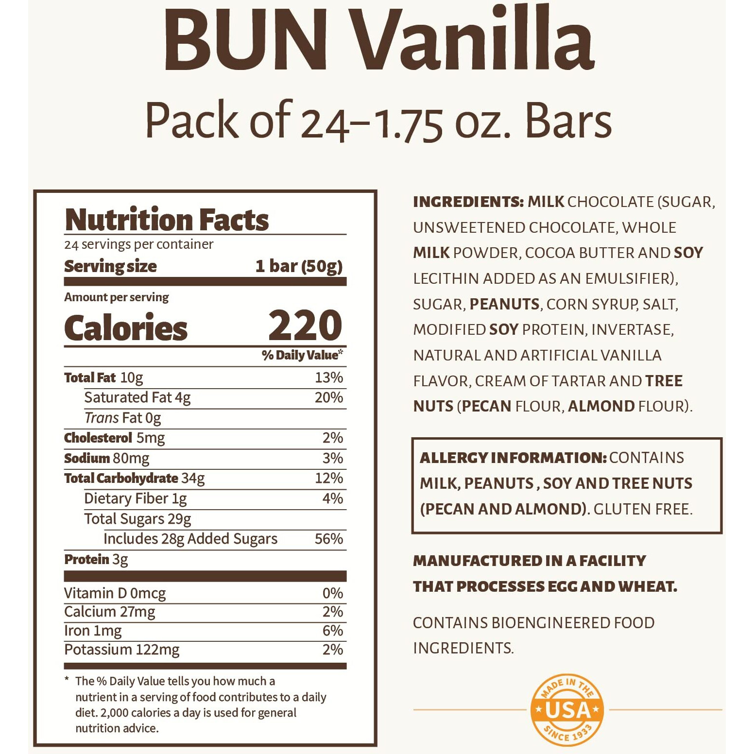 Pearson's Vanilla Bun Cluster Bar | Roasted Peanuts, Real Milk Chocolate, And Vanilla Nougat | Pack Of 24 | Individually Wrapped