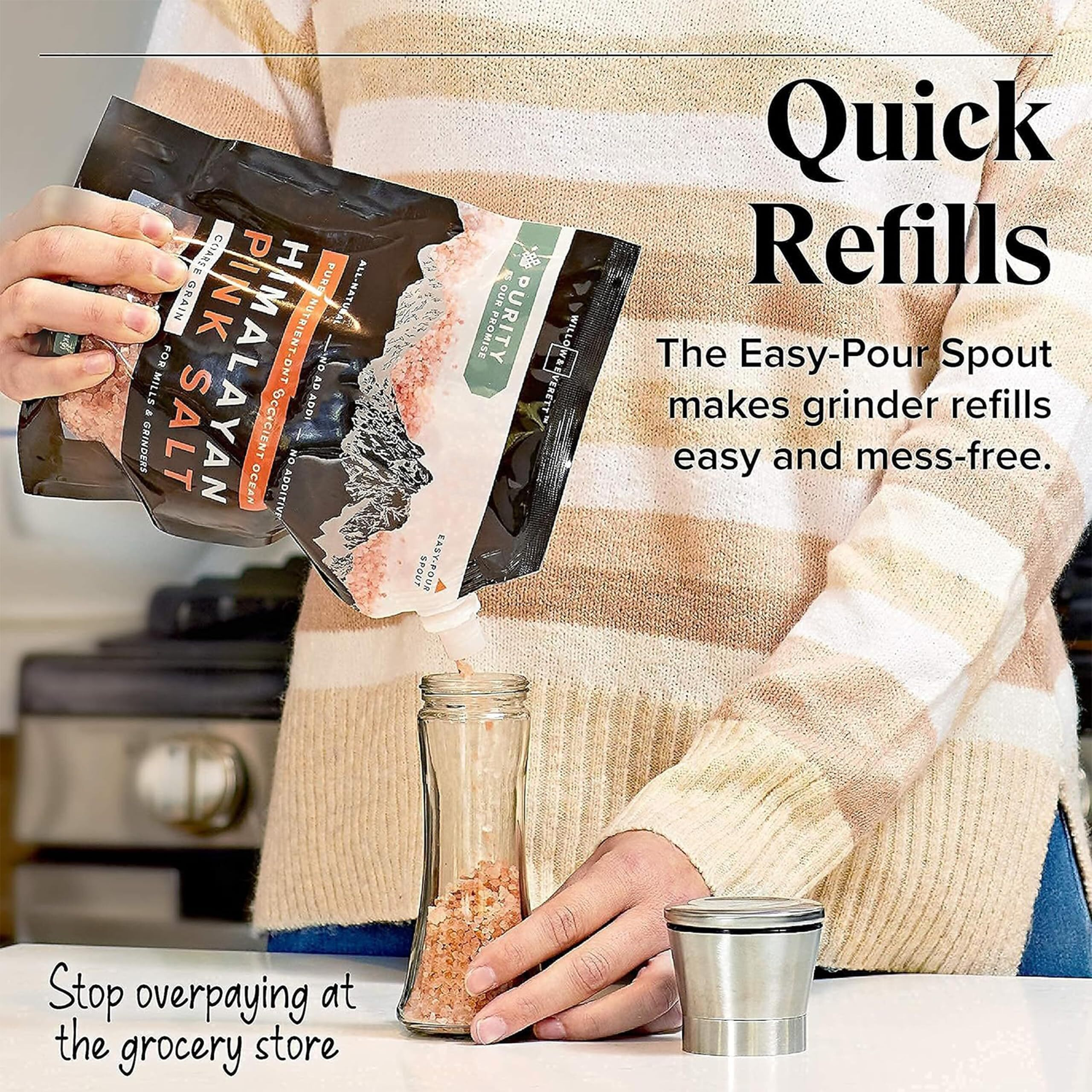 Willow & Everett Himalayan Pink Salt - Coarse Grain For Grinder Refill, 10Oz / 283G - Easy Pour Spout, Non-Gmo - Kosher Rock Salt For Cooking