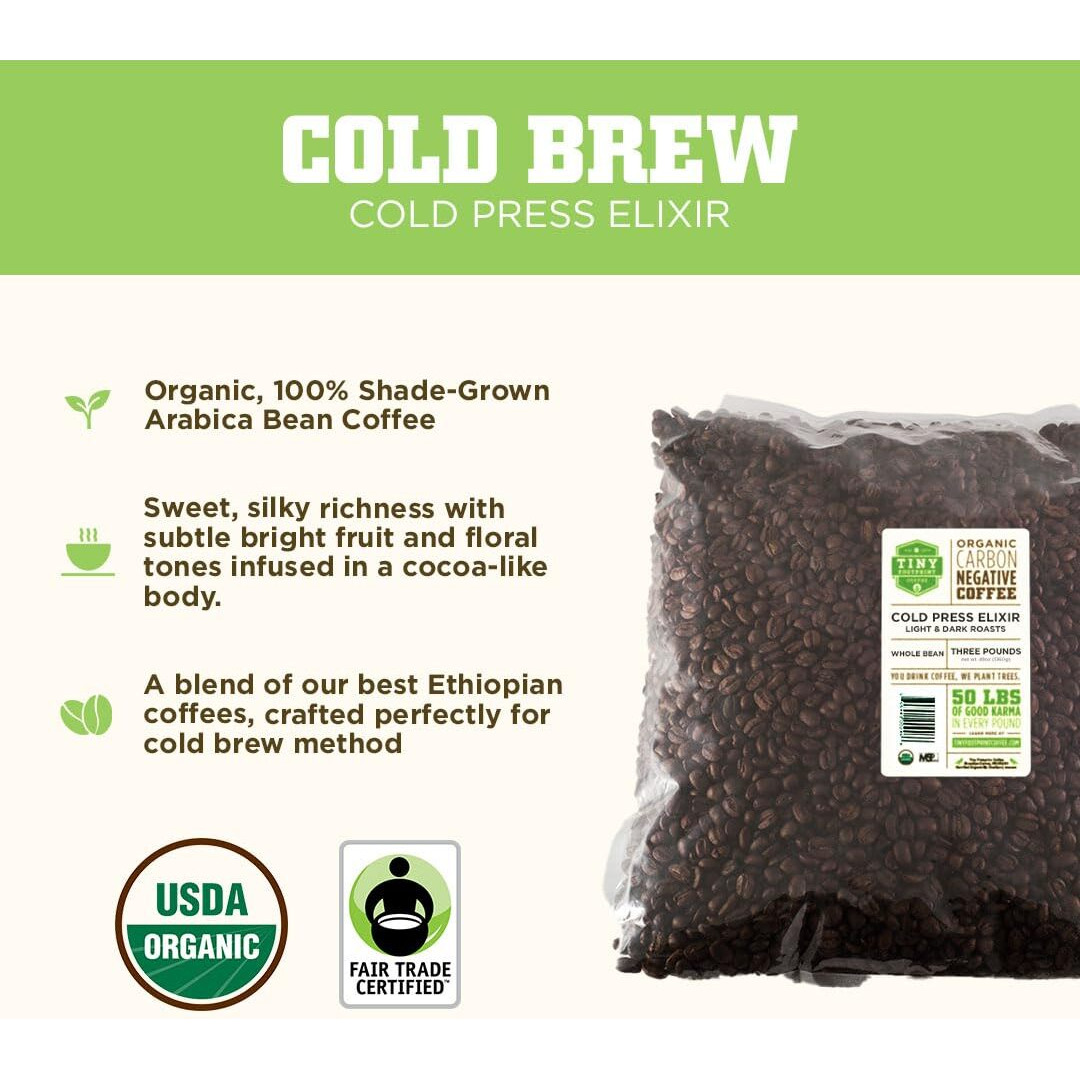 Tiny Footprint Coffee - Organic Cold Press Elixir Cold Brew | Blend Of Light & Dark Roasts, Whole Bean Coffee | Fair Trade, Shade Grown & Carbon Negative | 3 Pounds