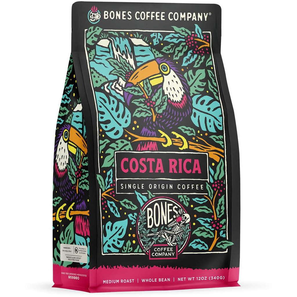 Bones Coffee Company Costa Rica Single-Origin Whole Coffee Beans, Low Acid Coffee Made With Arabica Coffee Beans, Medium Roast Gourmet Coffee, Coffee Lover Gift Ideas (12 Oz)