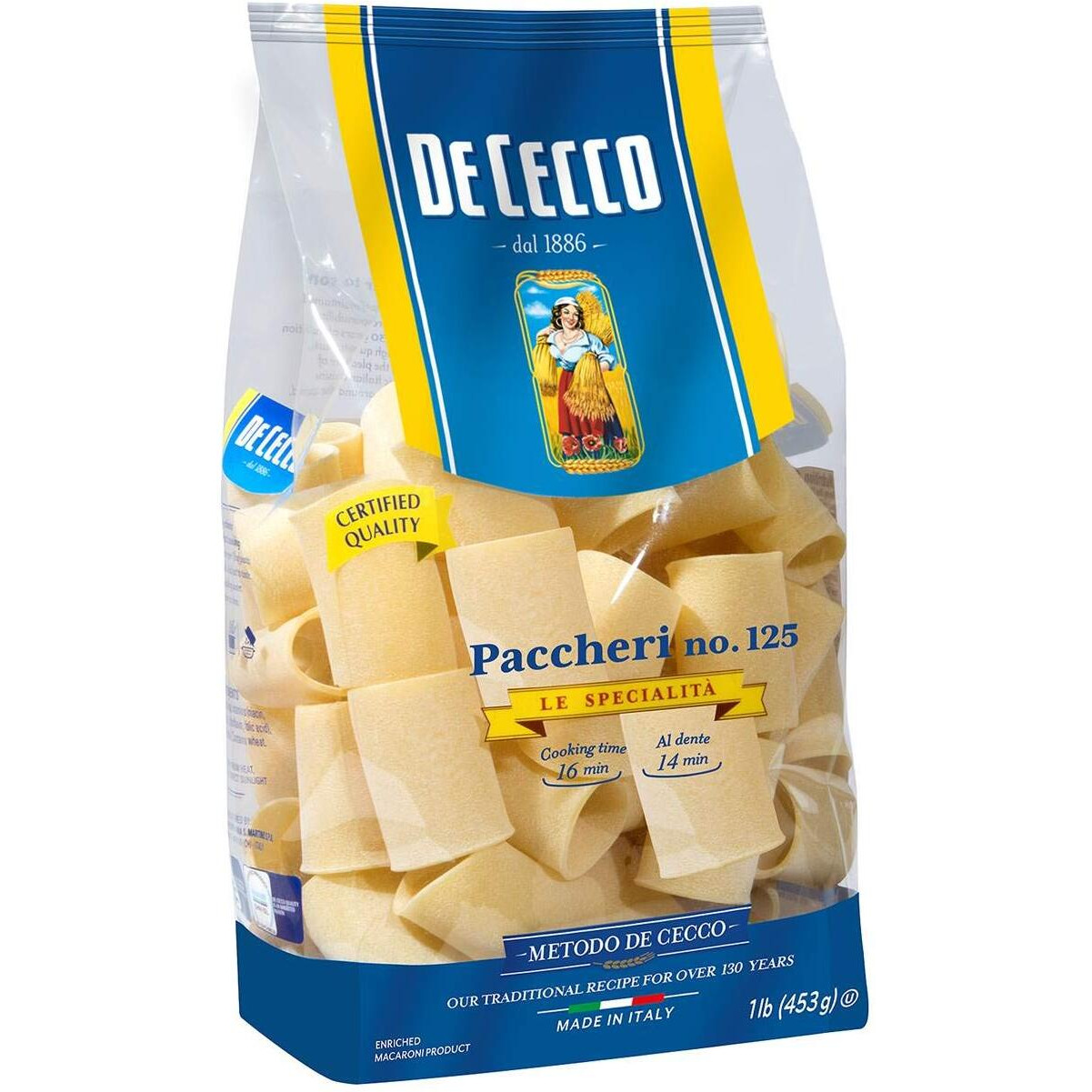 De Cecco Semolina Pasta, Paccheri No.125, 1 Lb
