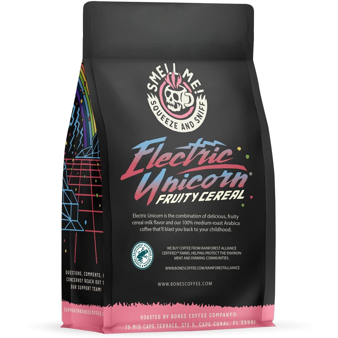 Bones Coffee Company Electric Unicorn Ground Coffee Beans Fruity Cereal With Milk Flavor | 1Low Acid Flavored Coffee, Made With Arabica Coffee Beans, Medium Roast Gourmet Coffee (12 Oz)