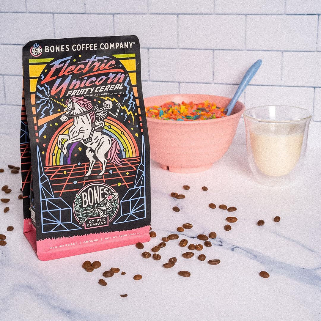 Bones Coffee Company Electric Unicorn Ground Coffee Beans Fruity Cereal With Milk Flavor | 1Low Acid Flavored Coffee, Made With Arabica Coffee Beans, Medium Roast Gourmet Coffee (12 Oz)