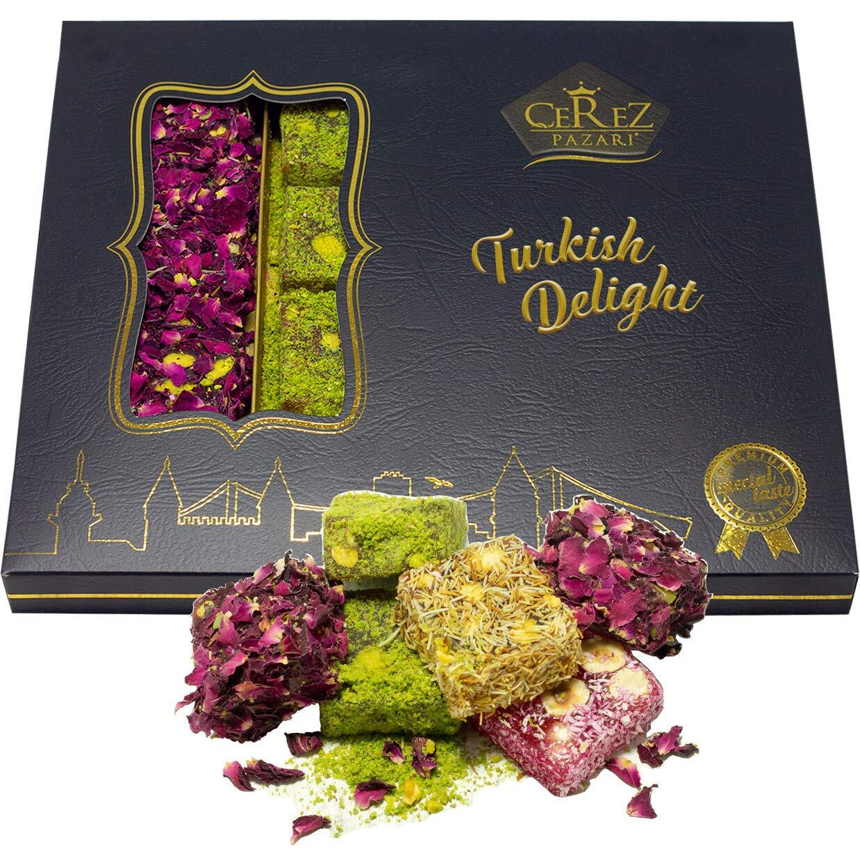 Cerez Pazari Turkish Delight Pistachio And Hazelnut With Fantastic Rose & Pomegranate Flavour Experience In Luxury Large Gift Box 500G | Assorted Gourmet, Sweet Vegan Traditional Lokum (16-20 Pcs)