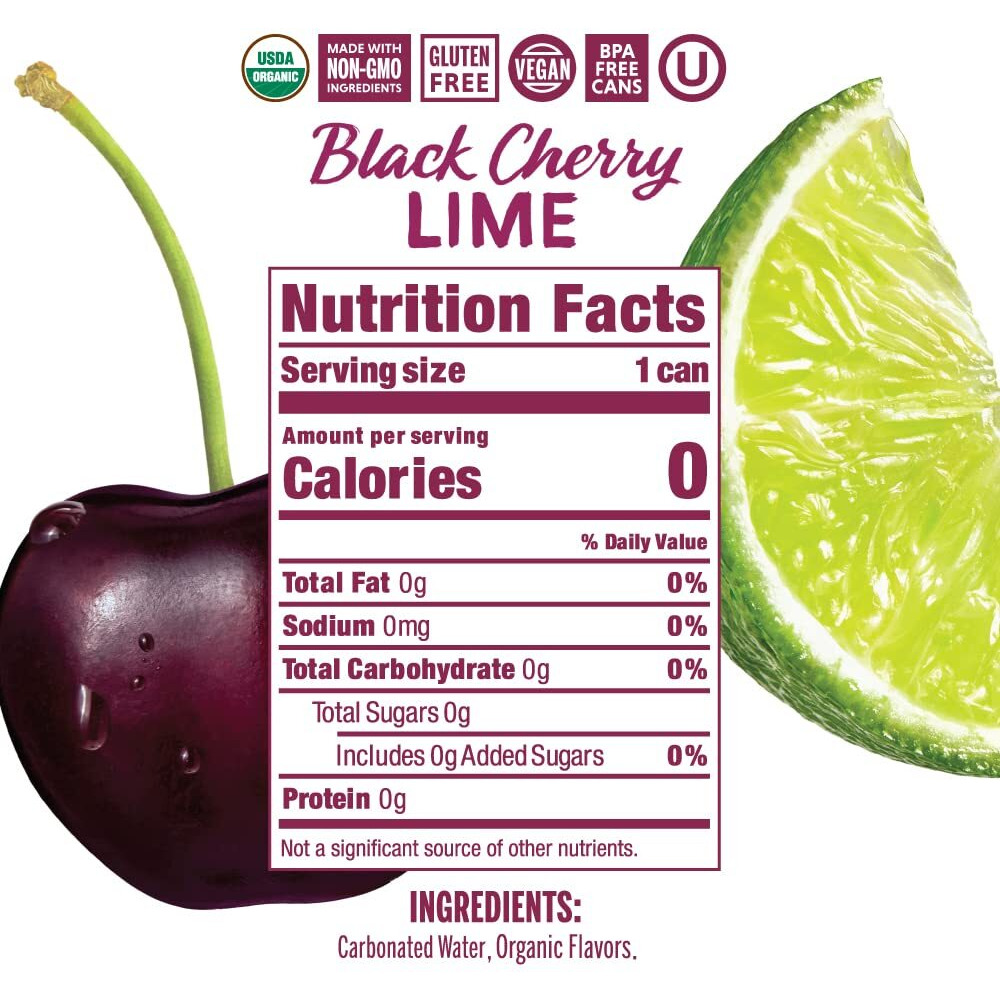 Nixie Sparkling Water, Black Cherry Lime | 12 Fl Oz Cans, 24 Pack | Organic, Vegan, Non-Gmo, Gluten Free, 0 Calories, 0 Sugar, 0 Sodium