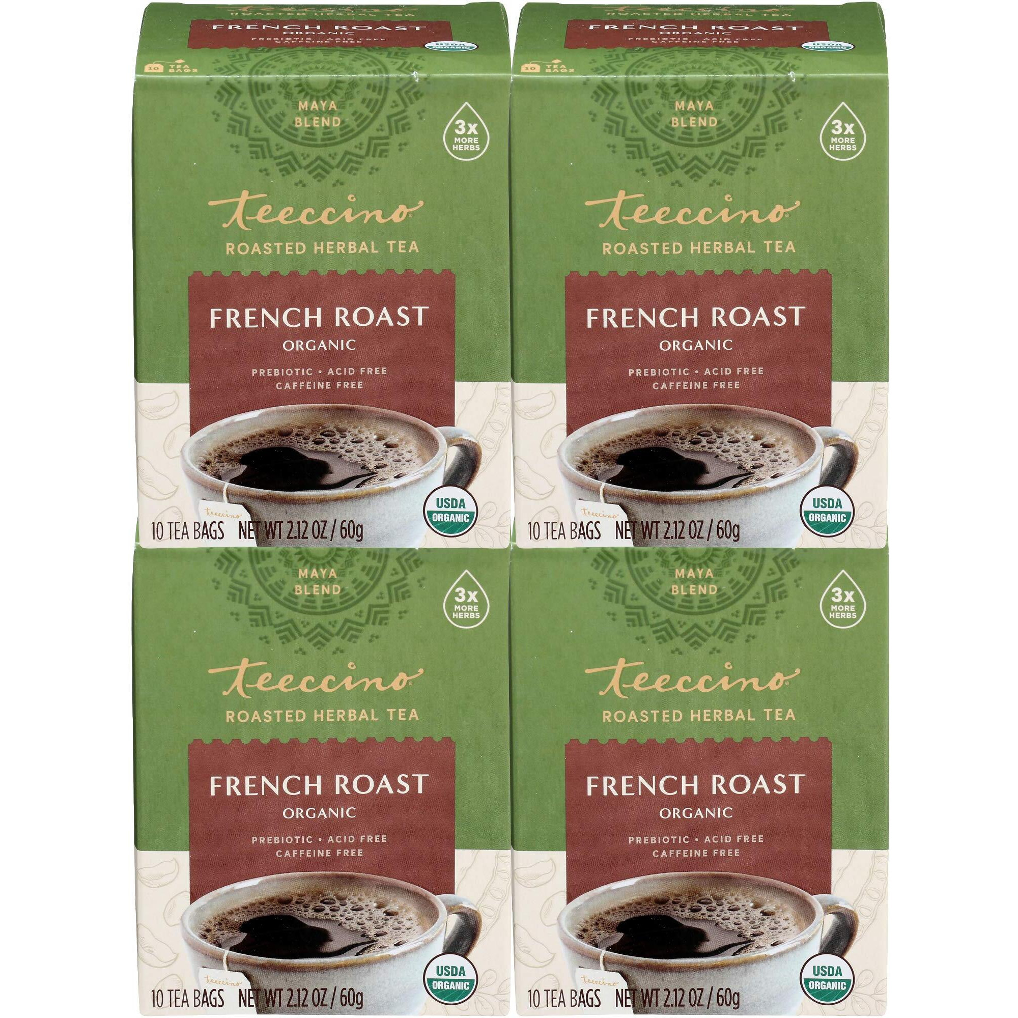 Teeccino French Roast Herbal Tea - Rich & Roasted Herbal Tea Thats Caffeine Free & Prebiotic For Natural Energy, Coffee Alternative, 10 Tea Bags (Pack Of 4)