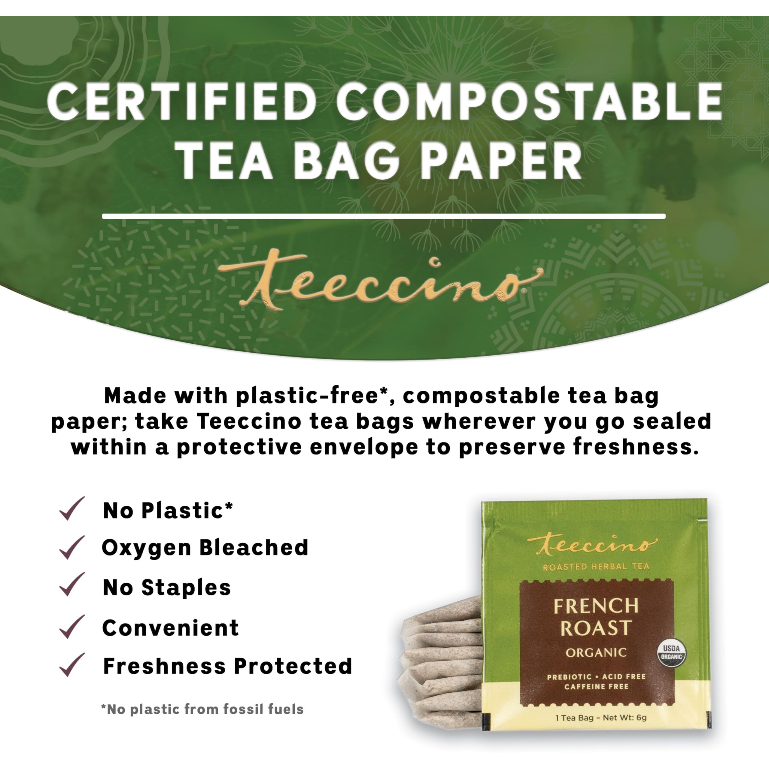 Teeccino French Roast Herbal Tea - Rich & Roasted Herbal Tea Thats Caffeine Free & Prebiotic For Natural Energy, Coffee Alternative, 10 Tea Bags (Pack Of 4)
