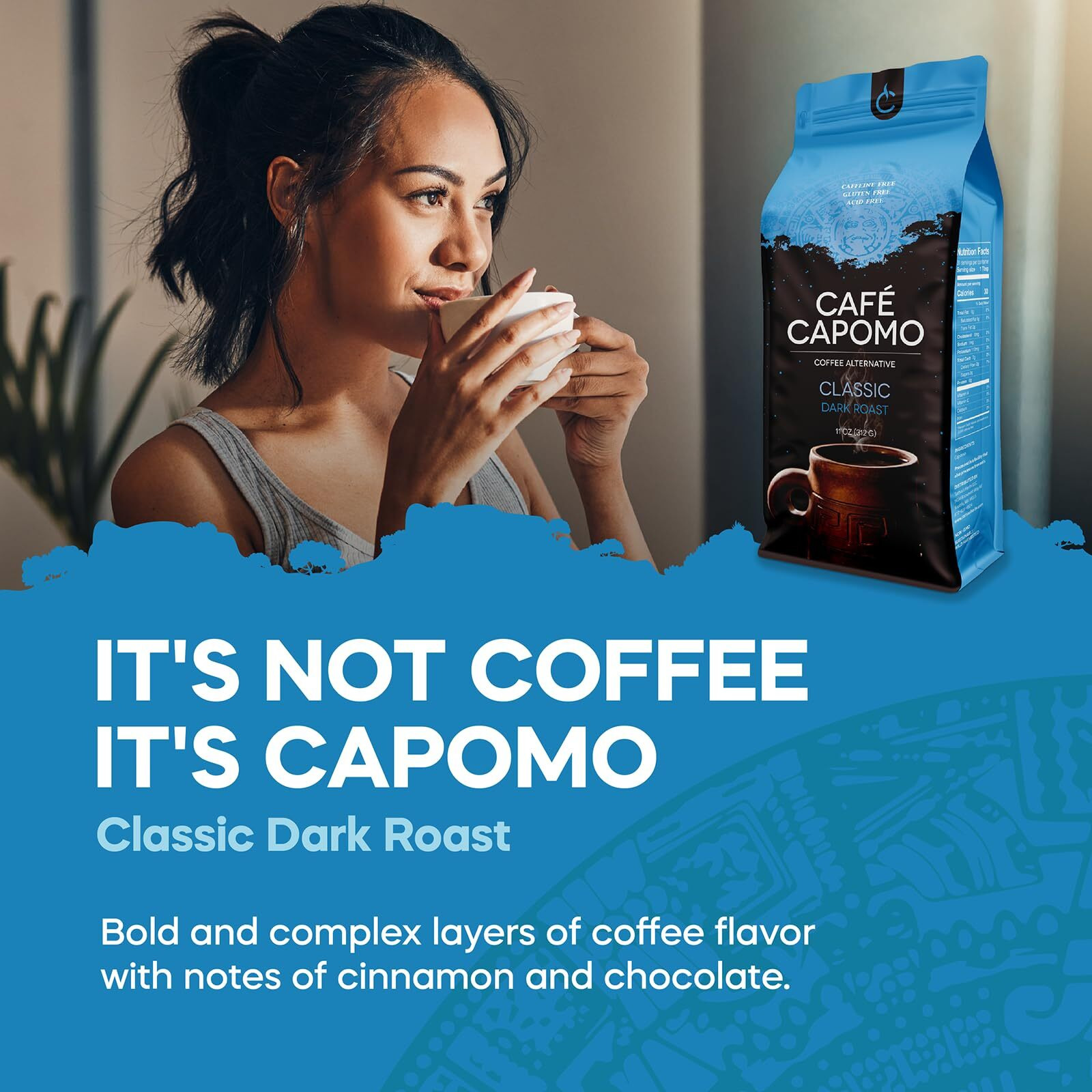 Tattva's Herbs Cafe Capomo Coffee Alternative, Classic Dark Roast Coffee Substitute With Capomo Maya Nut, Caffeine Free & Acid Free Coffee, Brew Like Coffee, 22 Oz.