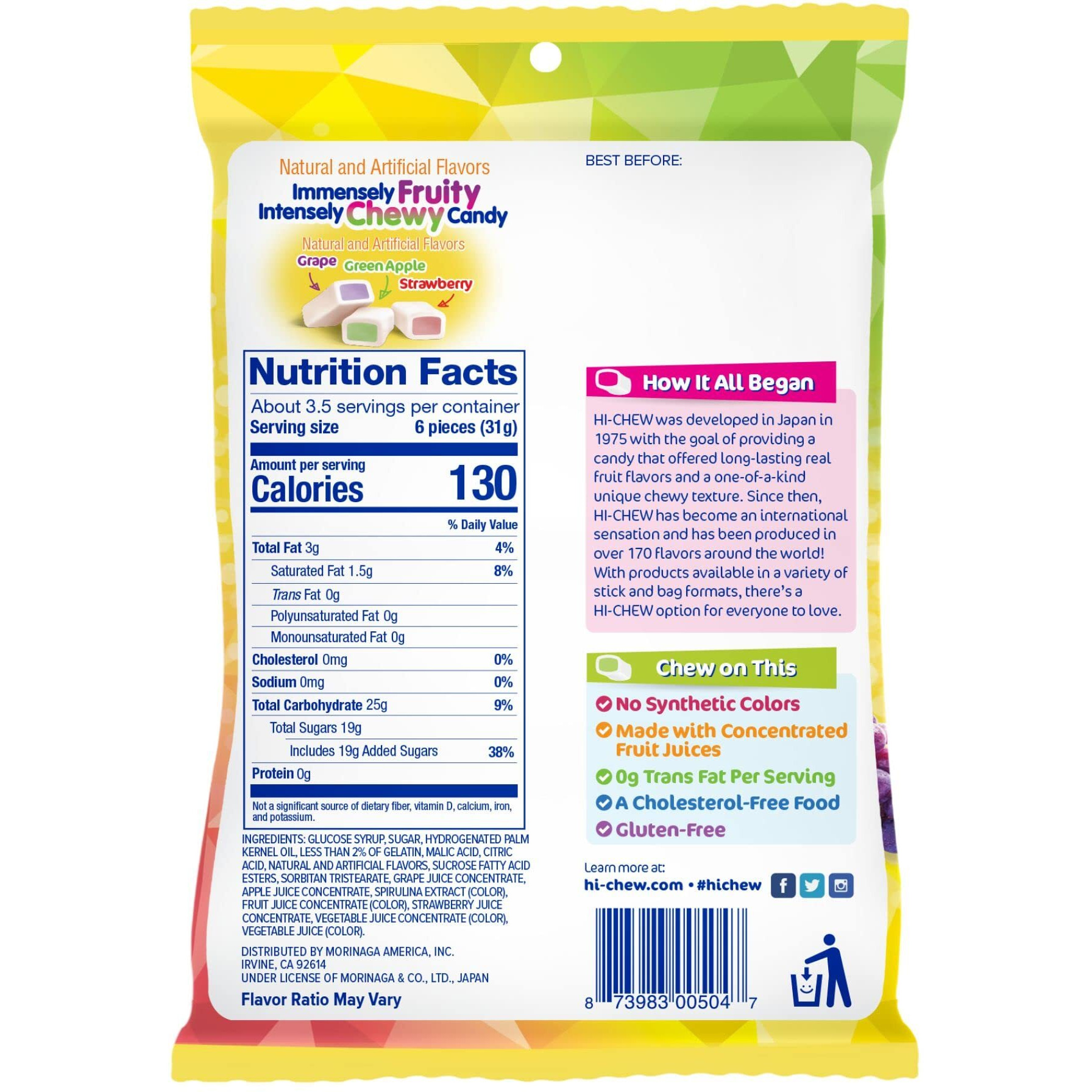 Hi-Chew Original Mix, Pack Of 6 Bags, 3.53Oz Each | Strawberry Green Apple Grape | Unique Fun Soft & Chewy Taffy Candy | Immensely Juicy Fruit Flavors | Individually Wrapped For Sharing