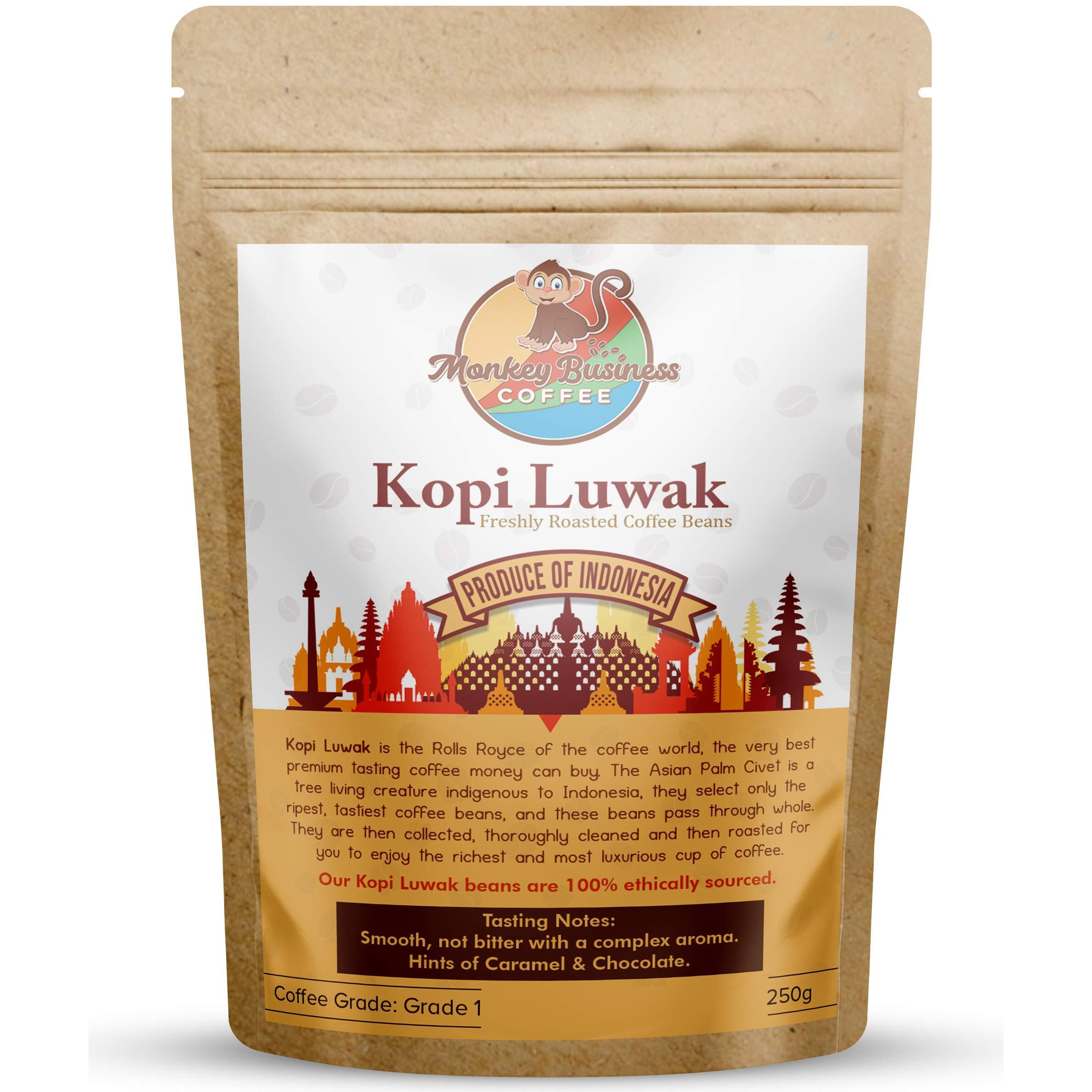 Monkey Business Coffee - Wild Kopi Luwak Coffee Whole Beans - Ethically Sourced - 250 Grams (8.8Oz) (Other Weights & Bean Types Available) - Produce Of Indonesia