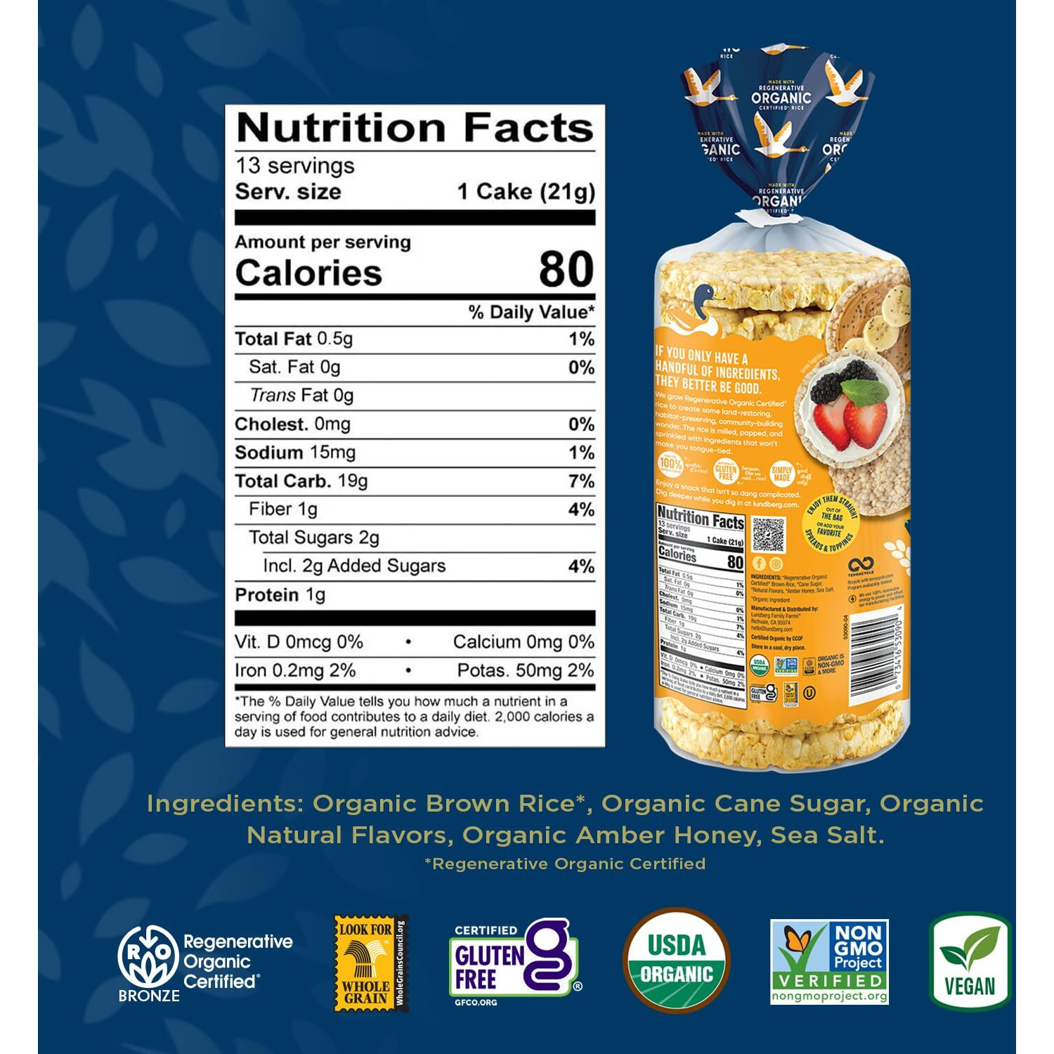 Lundberg Rice Cakes - Organic Whole Grain Honey Nut Rice Cakes, Healthy Snacks For Adults And Kids, Gluten-Free Snacks, Organic Snacks, Vegan, 9.6 Oz (Pack Of 6)