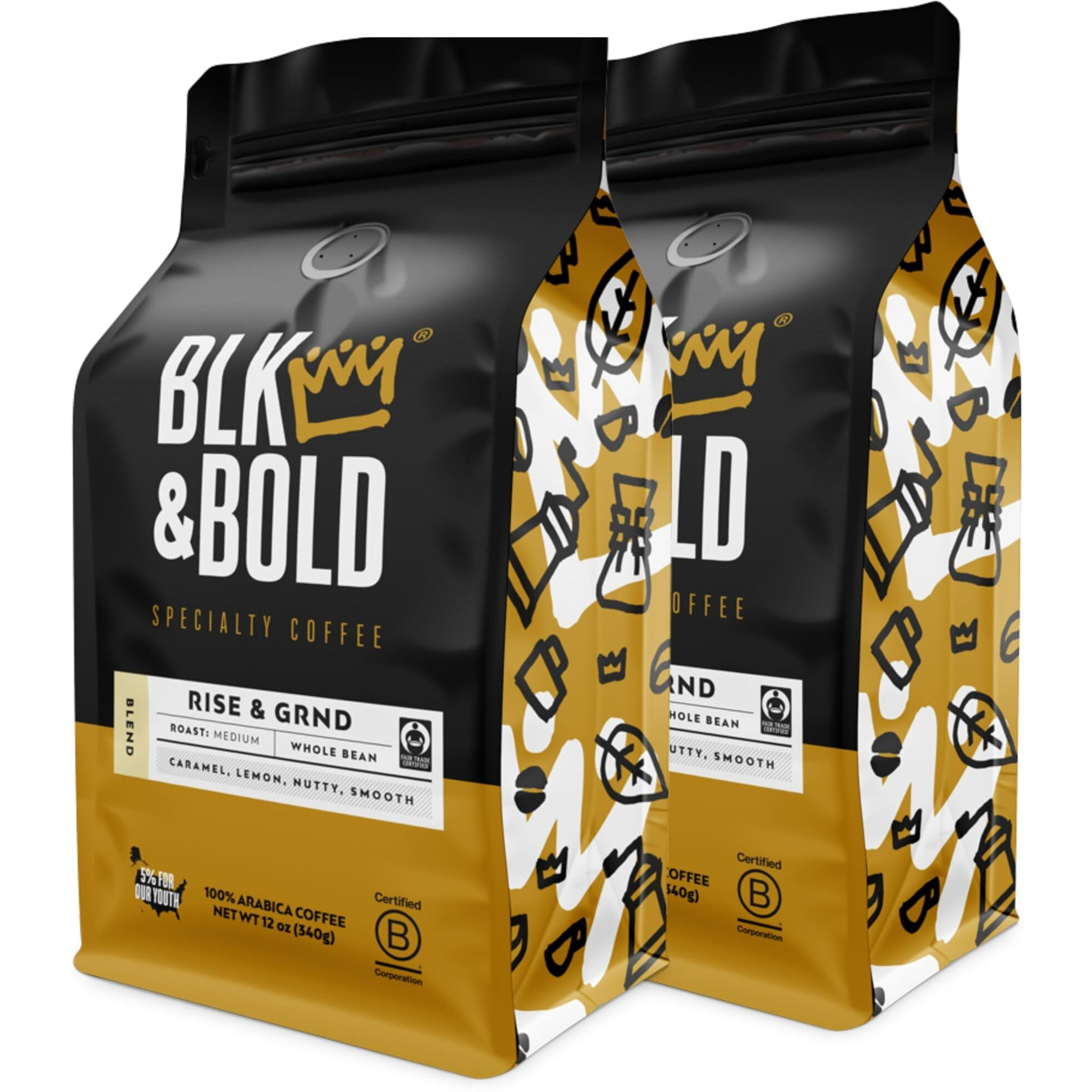 Blk & Bold Whole Bean Coffee, Rise & Grnd Premium Medium Roast, 100% Arabica Beans, 12 Oz Bag (2 Pack)