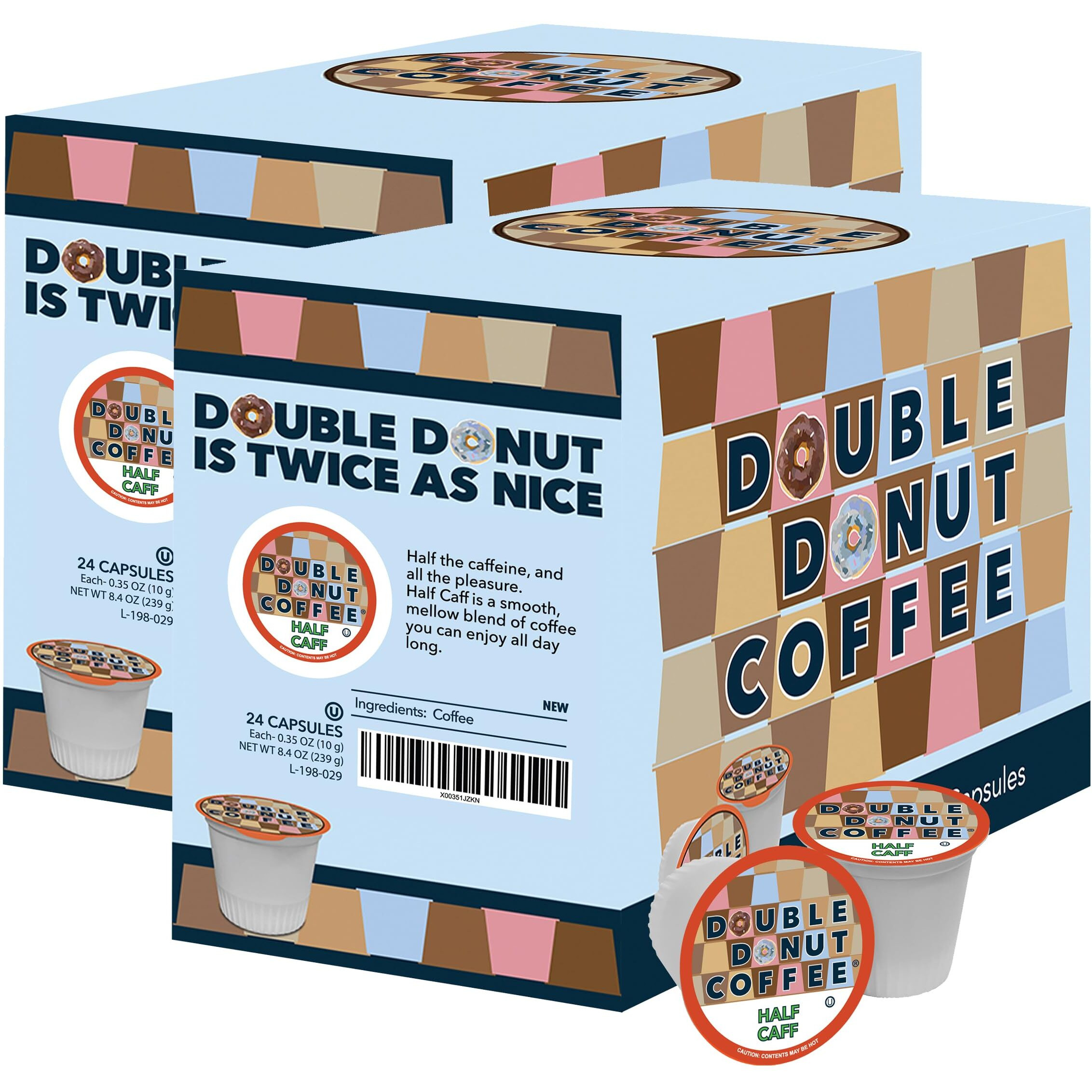Double Donut Half Caff Coffee Pods, Single Serve Half Caffeine Coffee Pods For Keurig K Cup Brewers, Medium Roast, 24 Count Pack Of 2