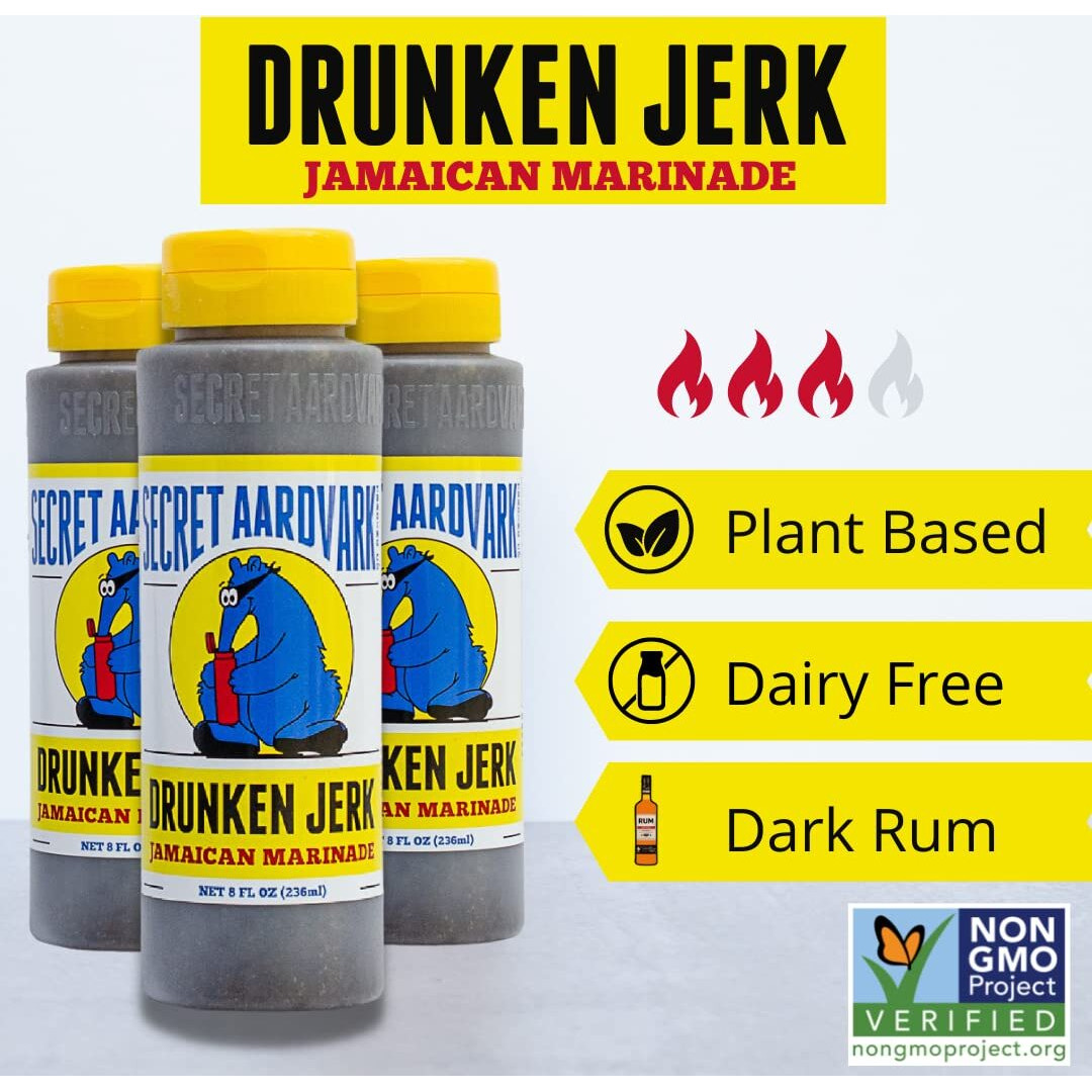 Secret Aardvark Drunken Jerk Hot Sauce - Jamaican Jerk Sauce And Marinade, Made With Jamaican Jerk Seasoning, Soy Sauce, & Habanero Peppers, Non-Gmo, Low Carb, Spicy Bbq Sauce - 8 Fl Oz 1 Pack