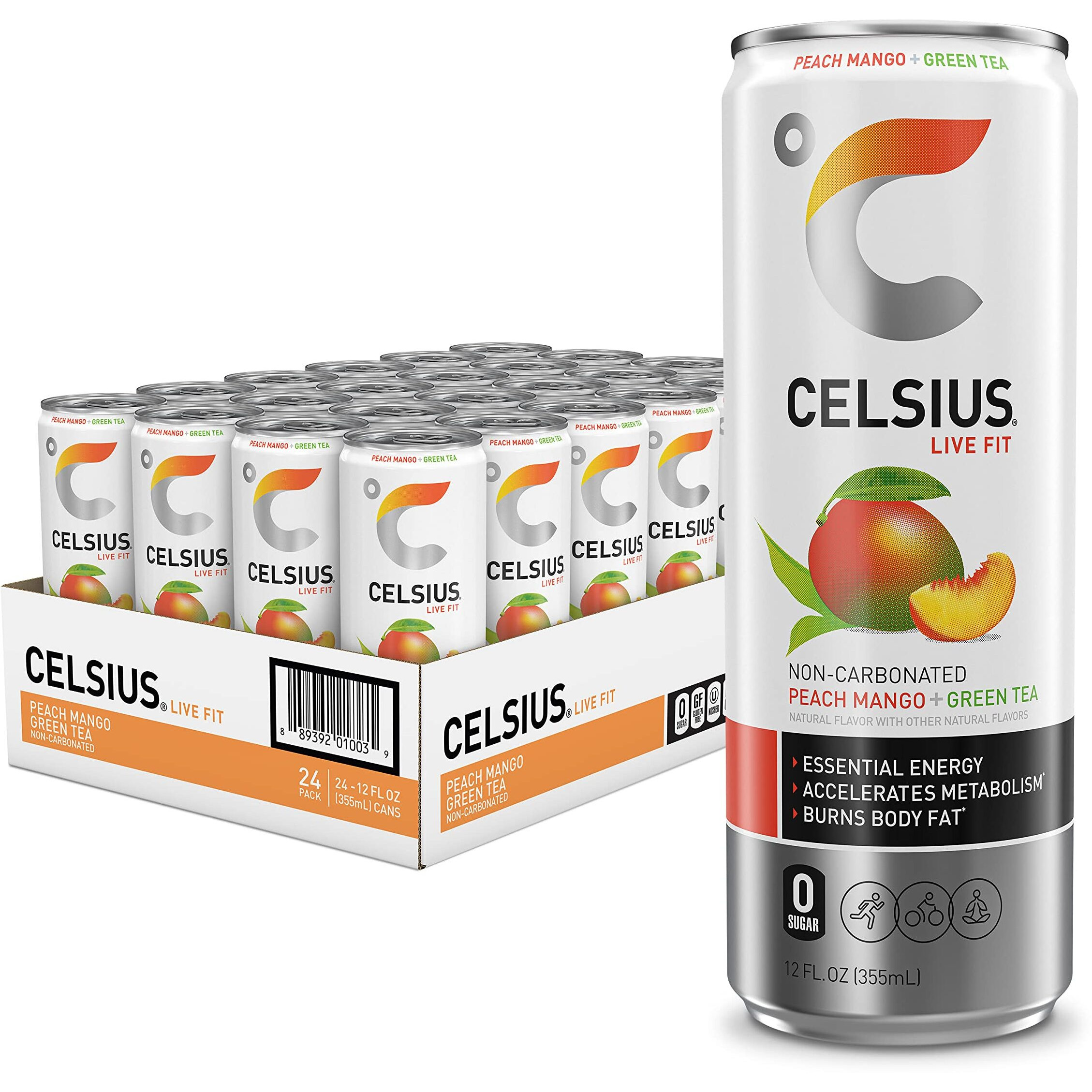 Celsius Peach Mango Green Tea, Functional Essential Energy Drink, 12 Fl Oz (Pack Of 24)