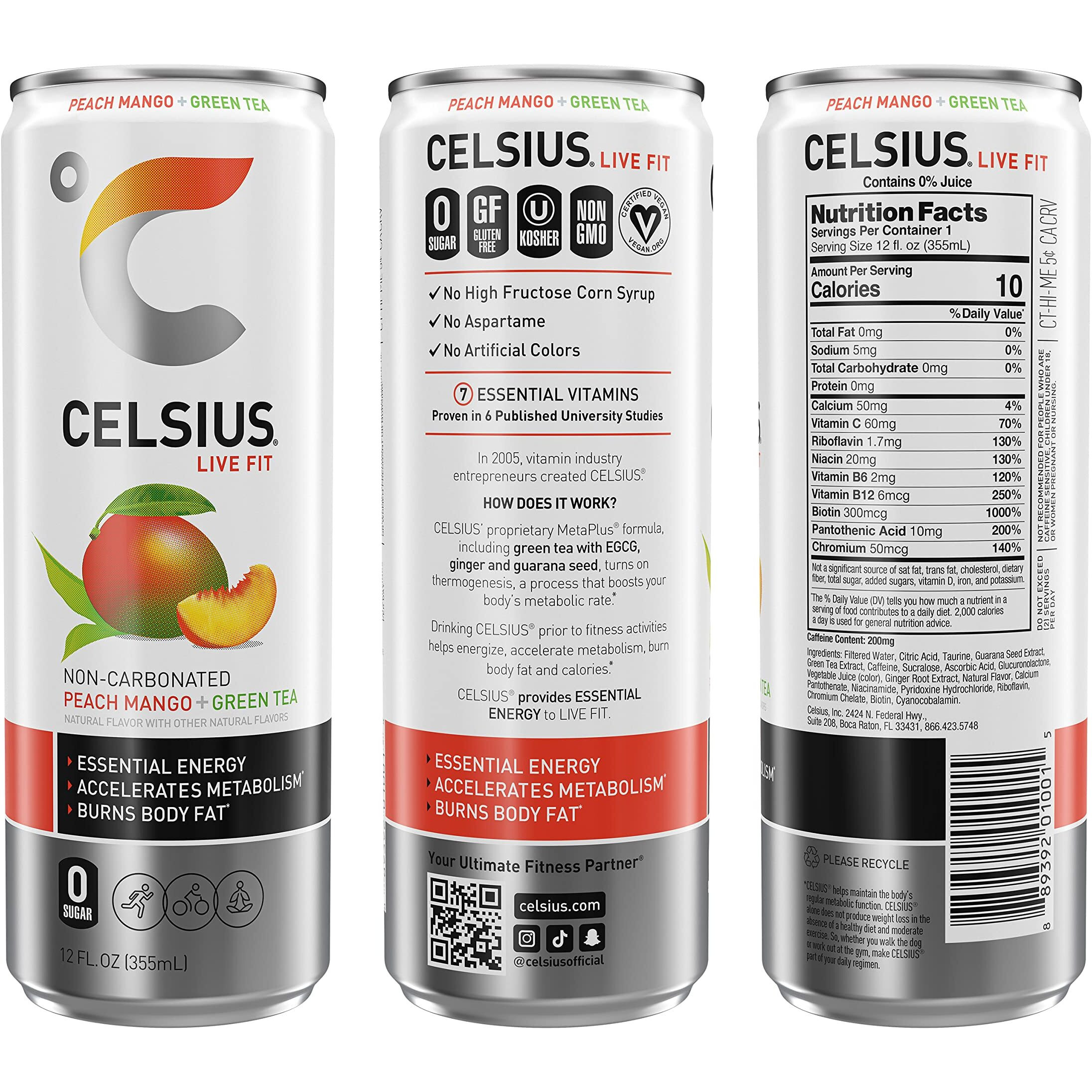 Celsius Peach Mango Green Tea, Functional Essential Energy Drink, 12 Fl Oz (Pack Of 24)
