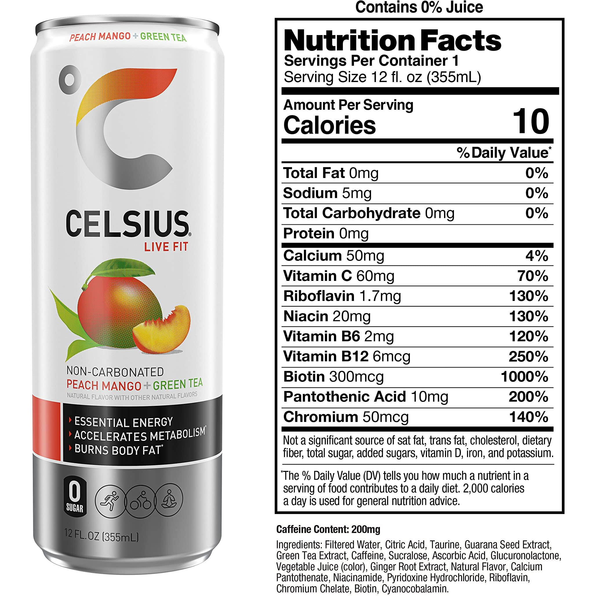 Celsius Peach Mango Green Tea, Functional Essential Energy Drink, 12 Fl Oz (Pack Of 24)
