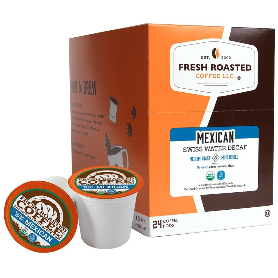 Fresh Roasted Coffee, Organic Mexican Swiss Water Decaf, Kosher | 24 Pods For K Cup Brewers