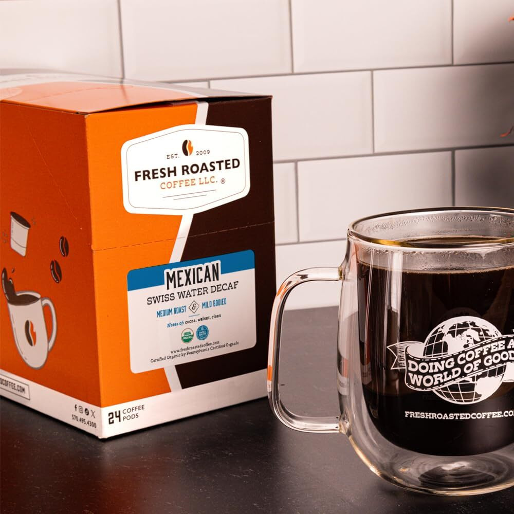 Fresh Roasted Coffee, Organic Mexican Swiss Water Decaf, Kosher | 24 Pods For K Cup Brewers
