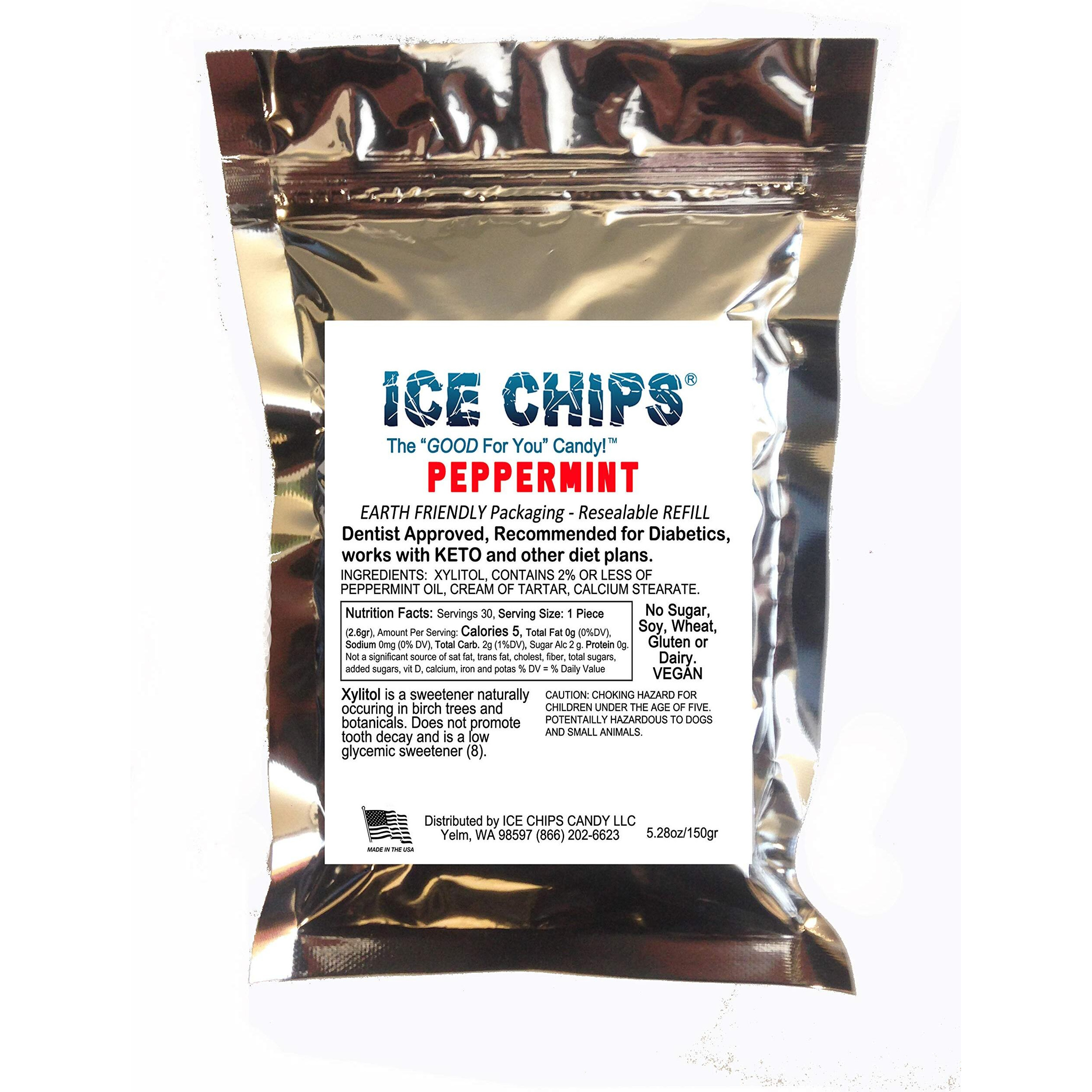 Ice Chips Xylitol Candy In Large 5.28 Oz Resealable Pouch Low Carb & Gluten Free (Peppermint)